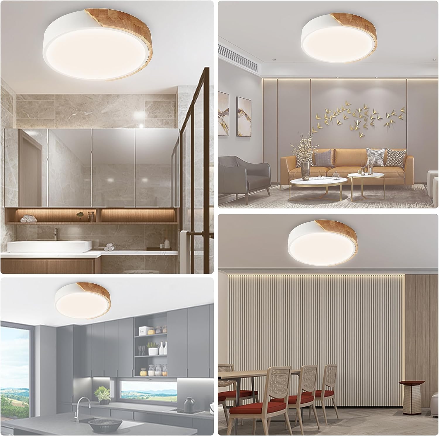 Wood Led Flush Mount Ceiling Light  3Cct 3000K-6500K Modern Round Close To Ceiling Lighting Fixtures 12 Inch Minimalist White Ceiling Lamp For Living Room  Bedroom  Laundry Room  Not Dimmable