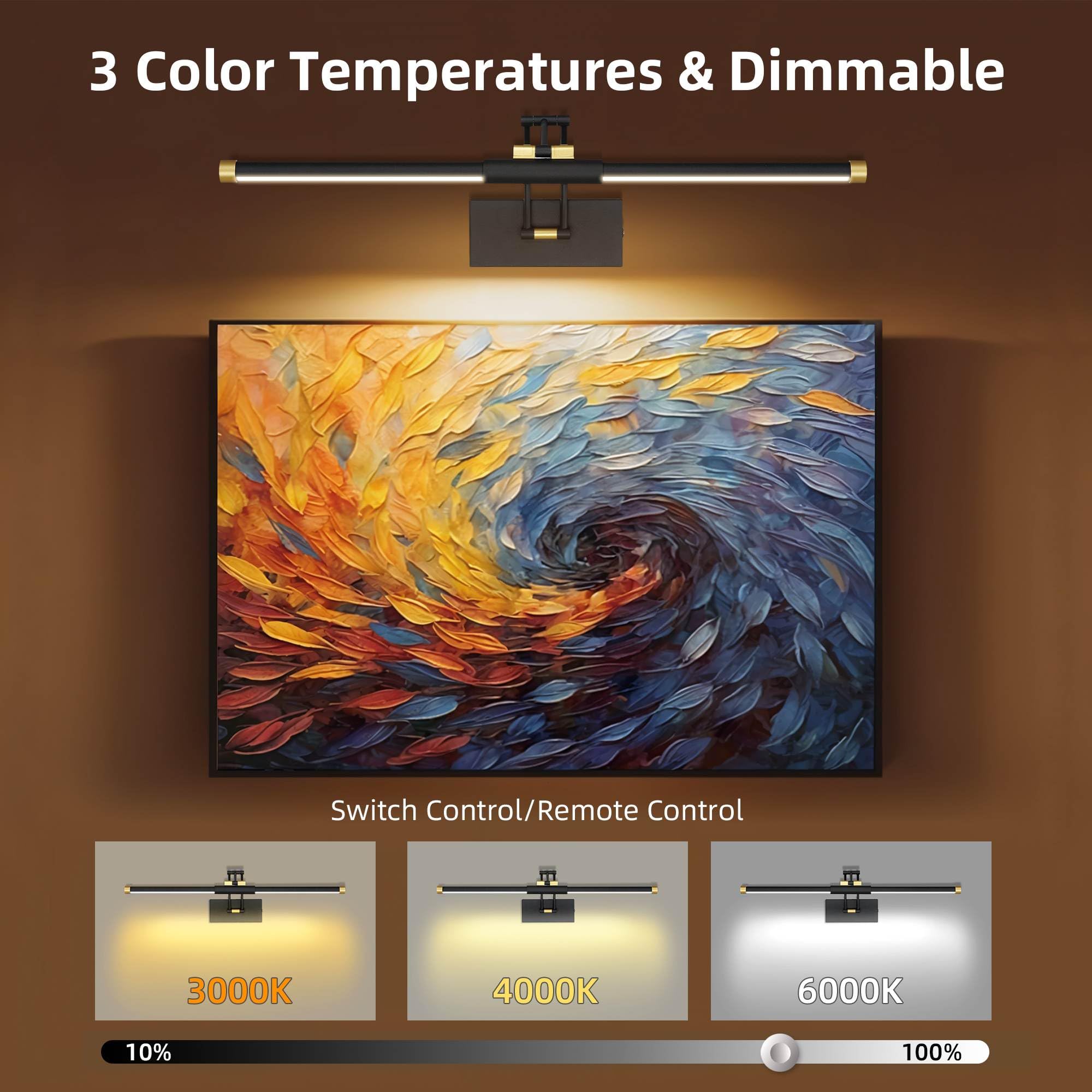 24 Picture Lights For Wall Battery Operated  Wireless Picture Lights With Remote  Rechargeable Wall Light 3000K/4000K/6000K Dimmable  Art Lighting For discomfort-reducingtings Frame Gallery Dartboard  Black Gold
