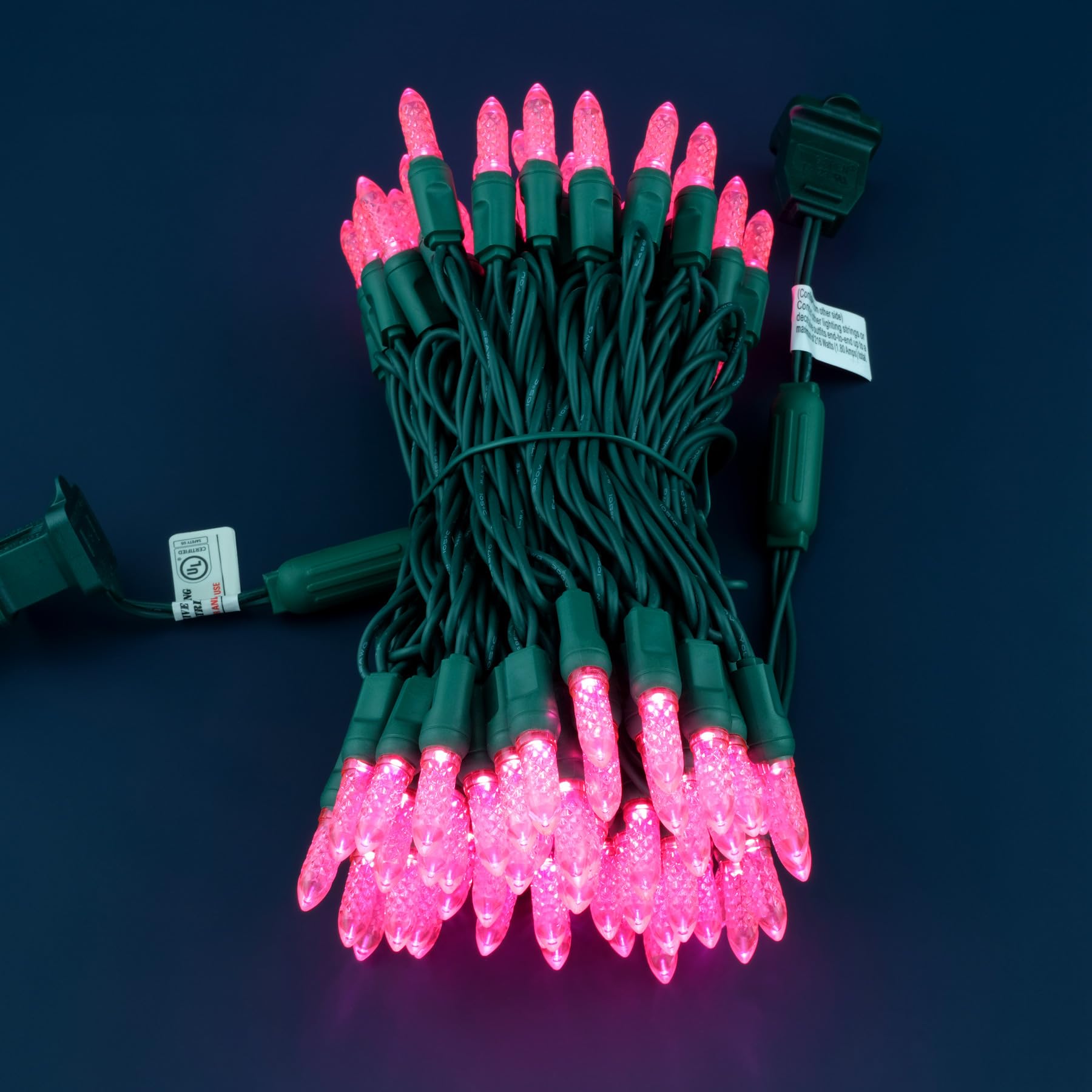 SWEET SHINE LED Christmas Lights, 33 ft Green Cord, Waterproof, M6 Model, Pink Faceted One-Piece String Lights