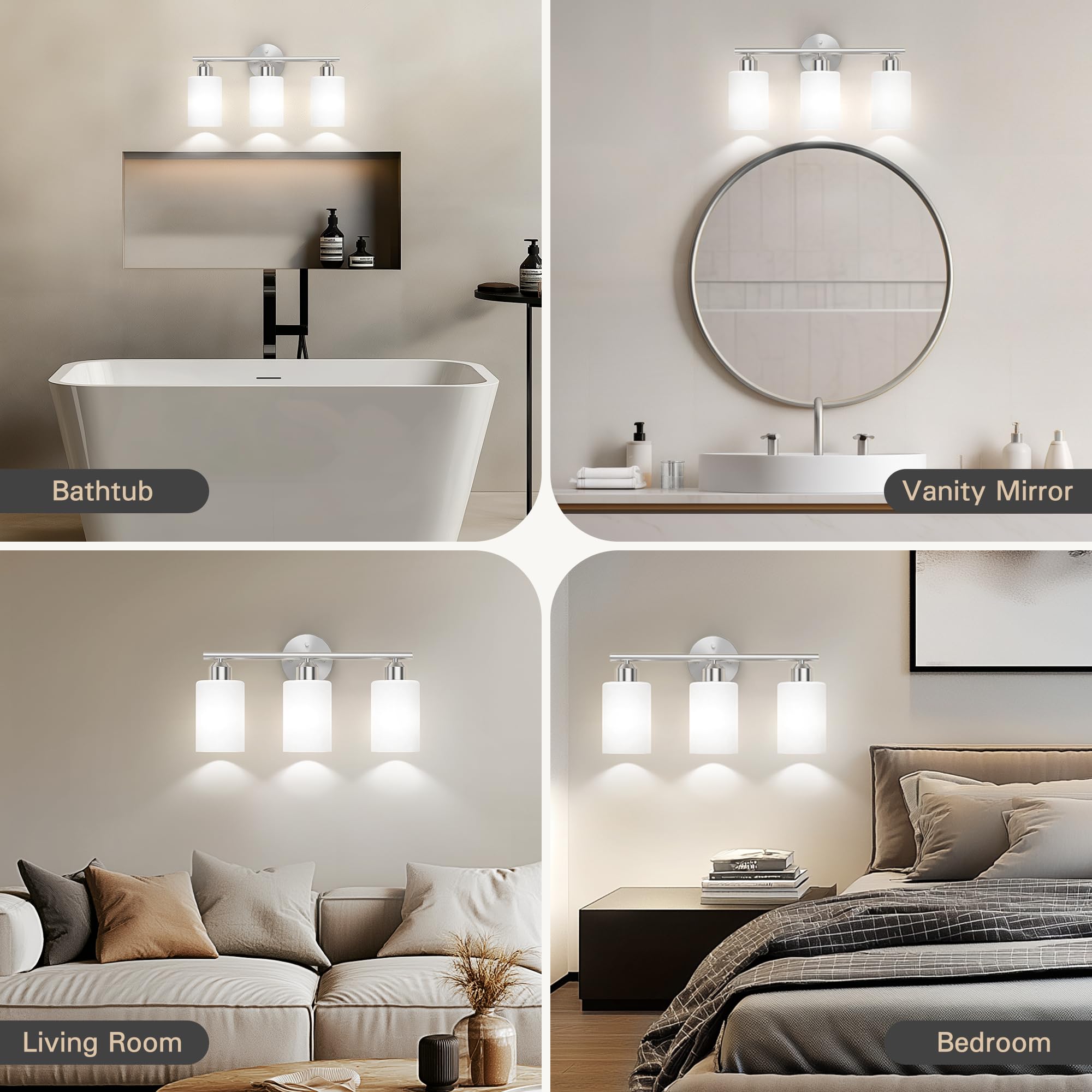 Espird Bathroom Vanity Light Fixture, 3 Lights, Brushed Nickel, Model L01-3-NL-W, Milky White Glass Shades