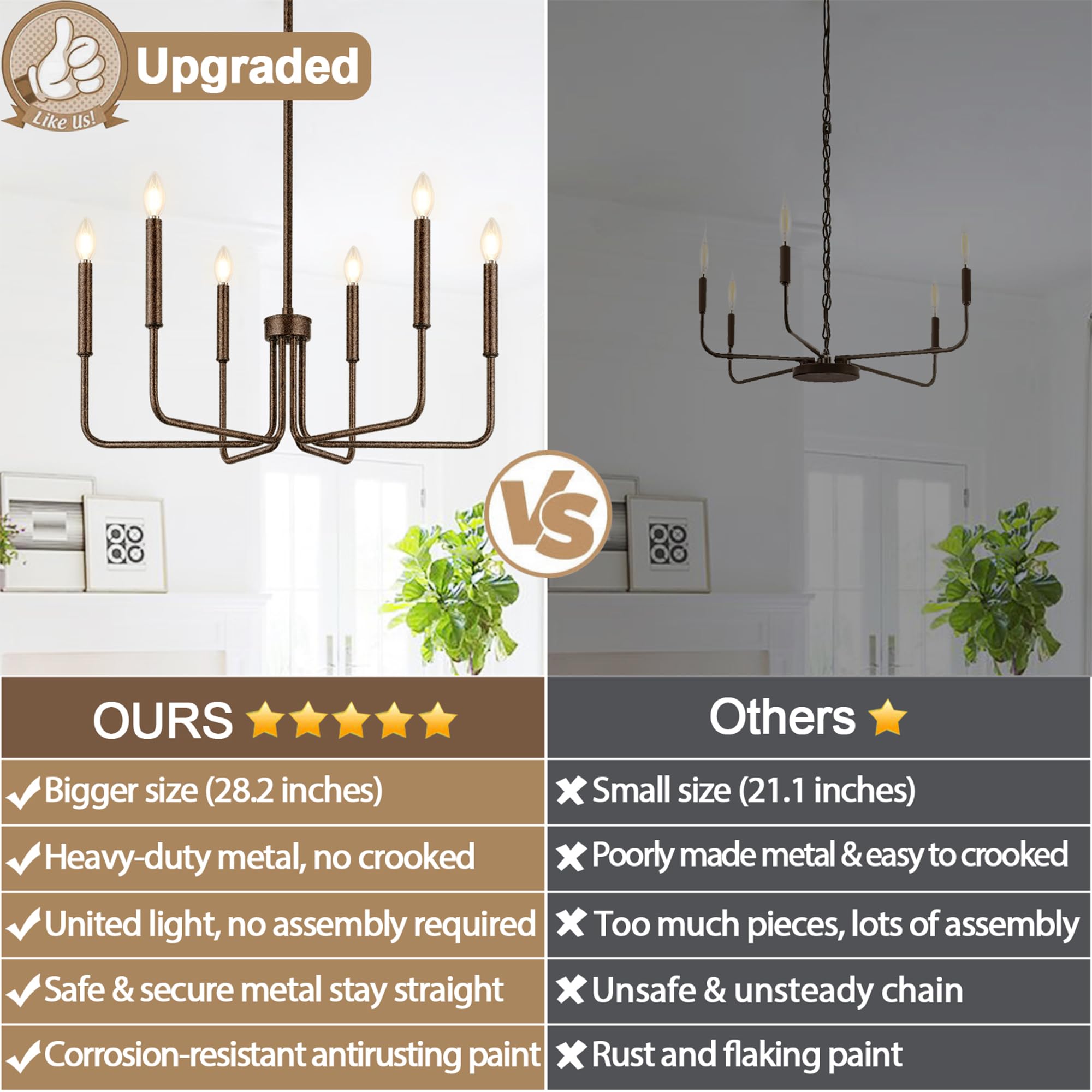 Rustic Brown Chandelier, 6-Light Antique Farmhouse Chandelier For Dining Room Lighting Fixtures, Vintage Candle Pendant Light Fi