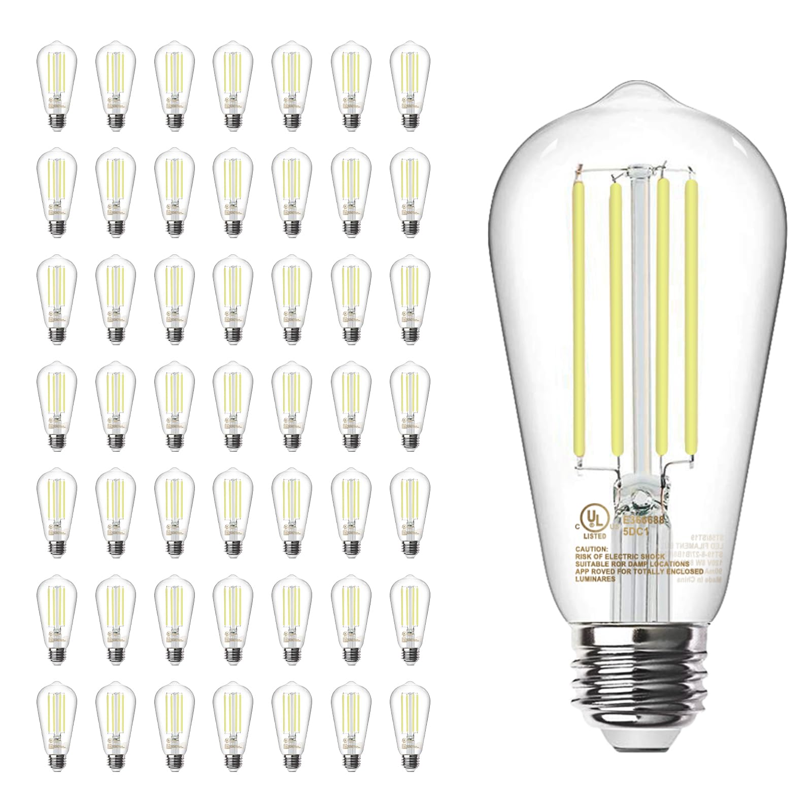 Tjoy 50 Pack Vintage Edison Led Light Bulbs, Dimmable, 60W Equivalent, E26 Medium Base, 5000K Daylight, St58, 8W, 800Lm, Ultra-B