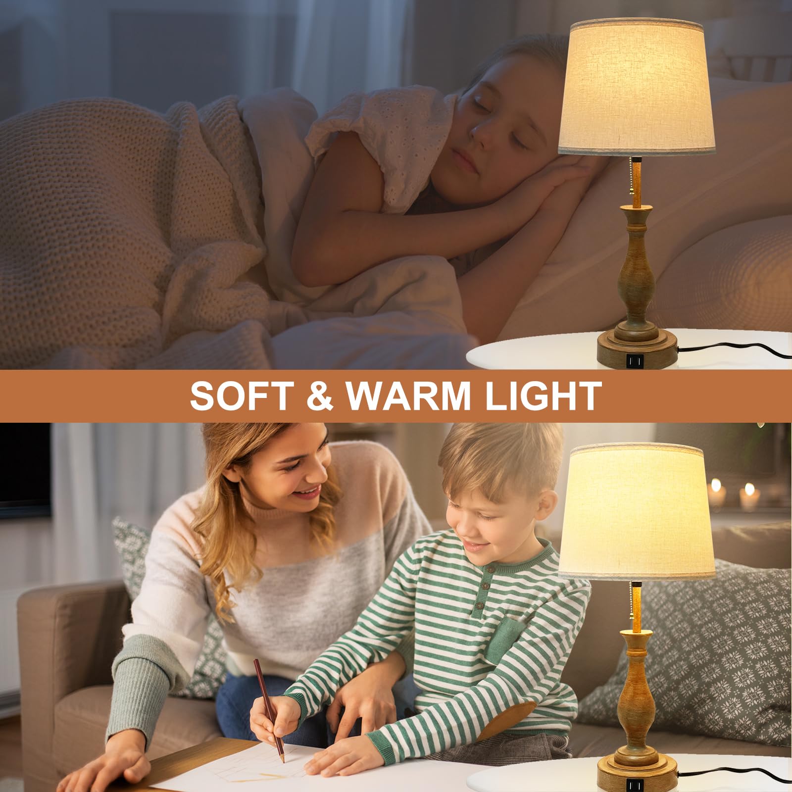 Farmhouse Table Lamp 3-Way Dimmable Table Lamp, Modern Nightstand Lamp With 2 Usb Port Pull Chain Bedside Desk Lamp With Fabric