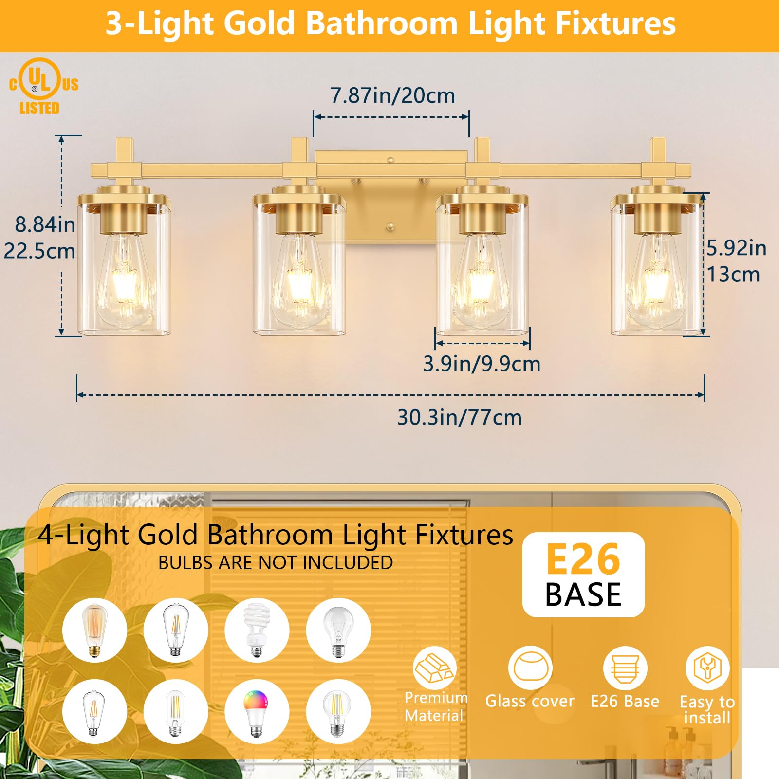 Spiglamm 4-Lights Bathroom Vanity Light, Brushed Gold, Glass Shades, Model BG-Wall-4
