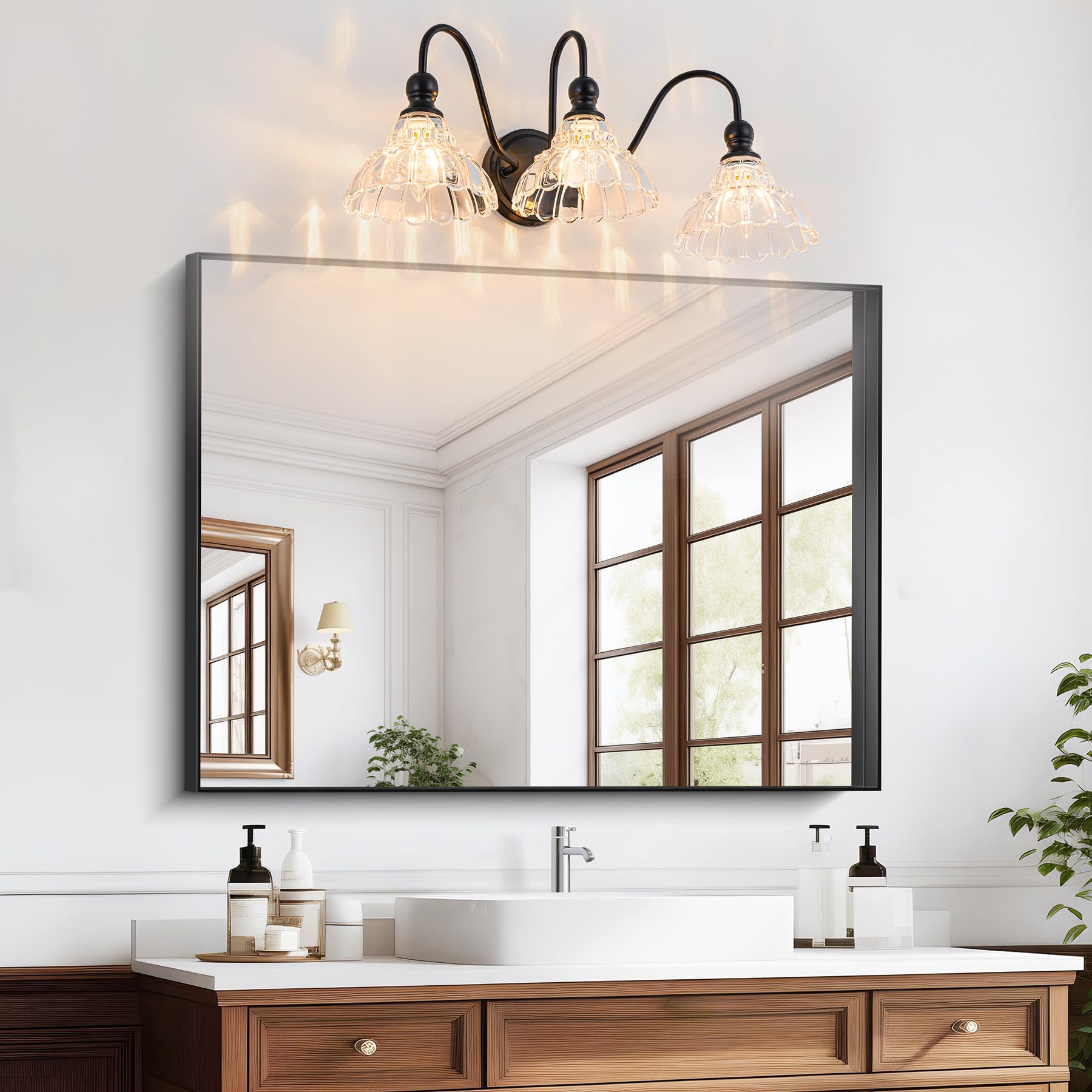 BrkNit 3-Light Black Vintage Bathroom Wall Sconce - Stainless Steel with Flower Glass Shade, Farmhouse Vanity Lighting for Bedroom and Hallway