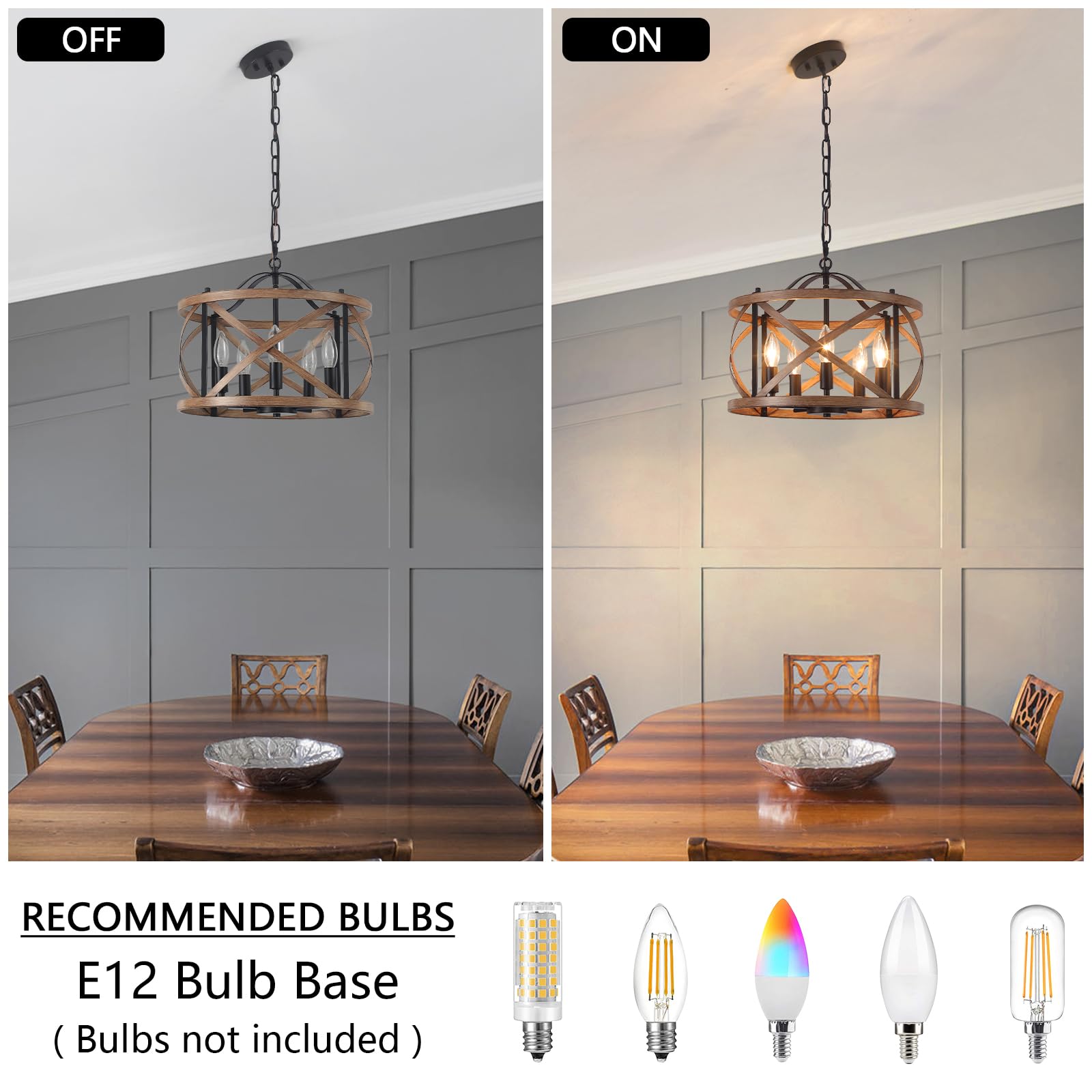 Farmhouse Chandelier For Dining Room, 5-Light Kitchen Pendant Island Light Fixtures E12 Rustic Wood Painted Adjustable Hanging L