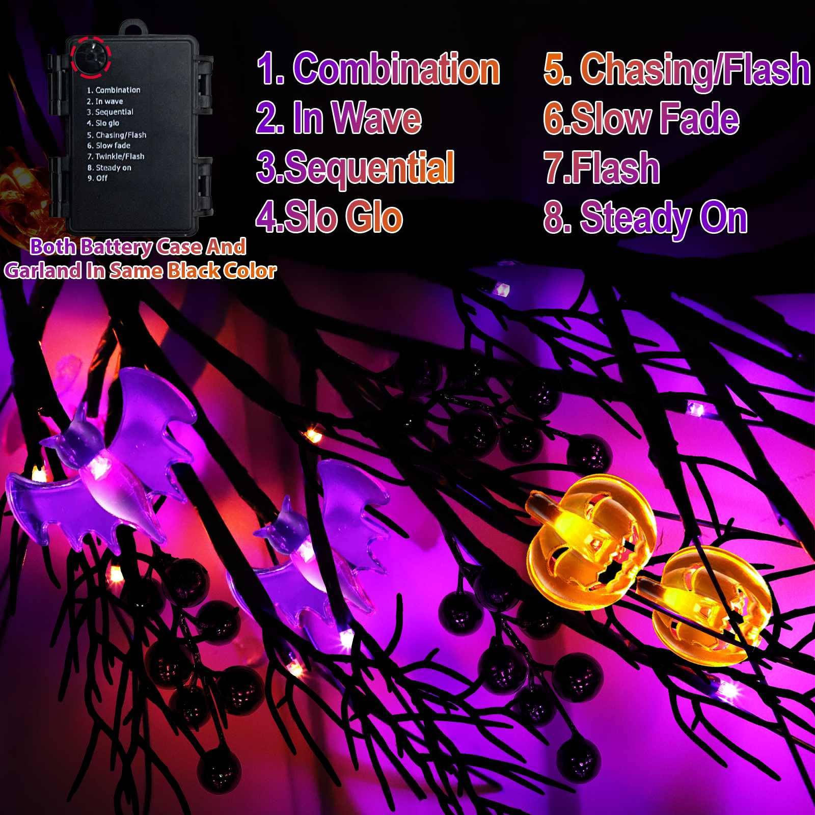 Halloween Decorations,Halloween Garland With Purple & Orange Lights 8 Modes Timer, Remote Control 6 Ft 54 Leds Halloween Artificial Willow Vine Twig Pumpkins Bats Hanging Home Wall Fireplace Indoor