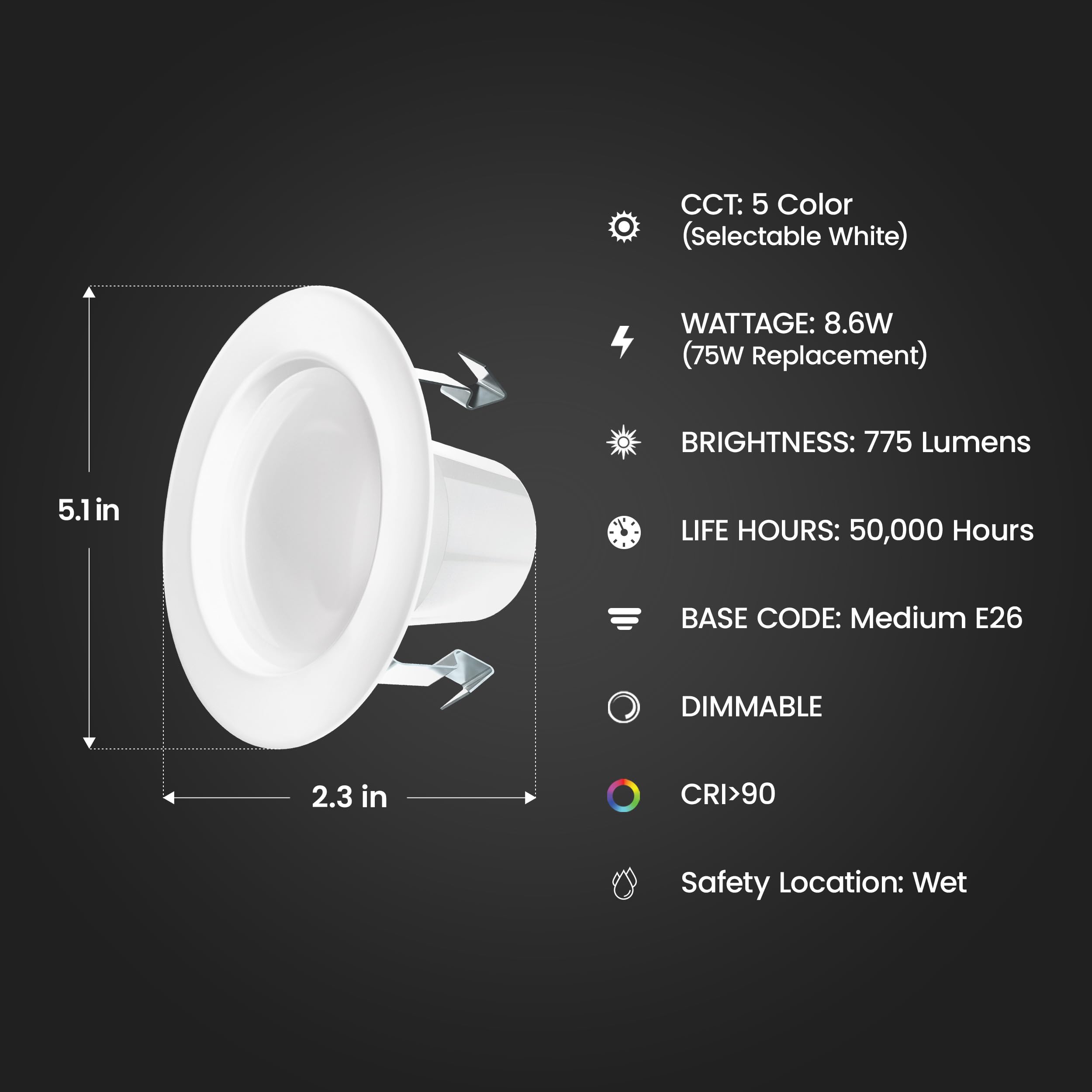 Feit Electric 4'' Recessed Led Downlight, 75W Equivalent, Dimmable, Retrofit With E26 Adapter, 5Cct High Output, Light Switch En