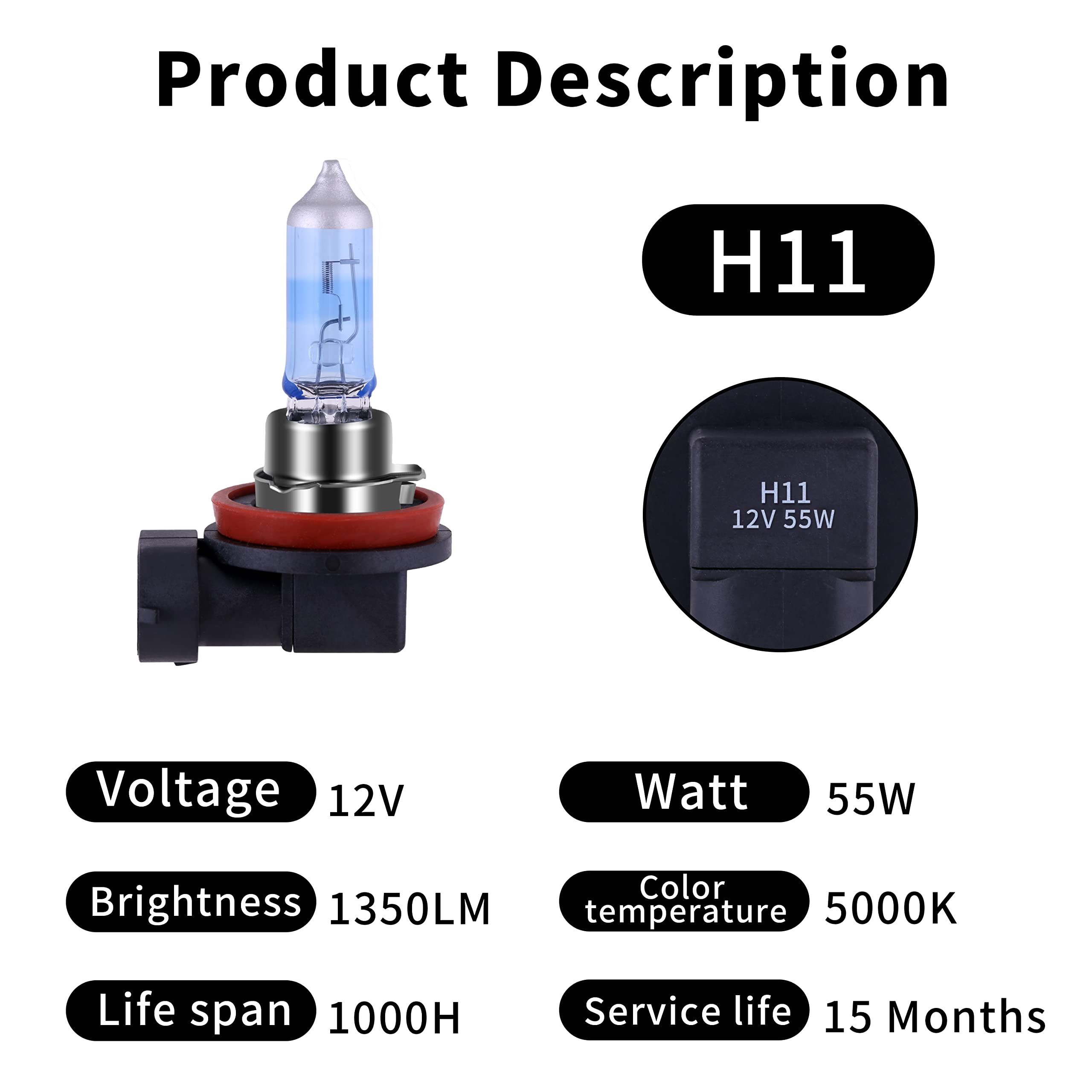 Newbrown H11 Halogen Headlight Bulb With Super White Light Long Life Replacement Pgj19-2 12V/55W (2 Pack)