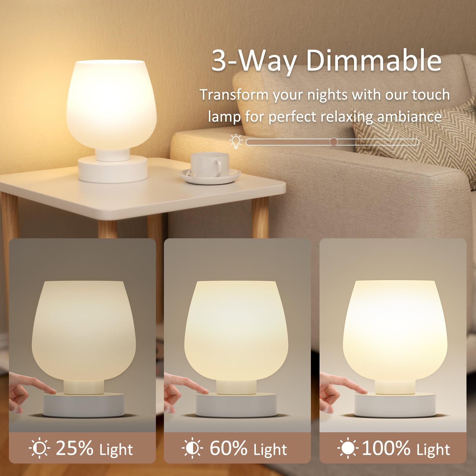 Touch Bedside Table Lamp Set Of 2 - Small Bedside Lamp For Bedroom Living Room Night Stands, Desk Lamp With White Glass Shade Fo