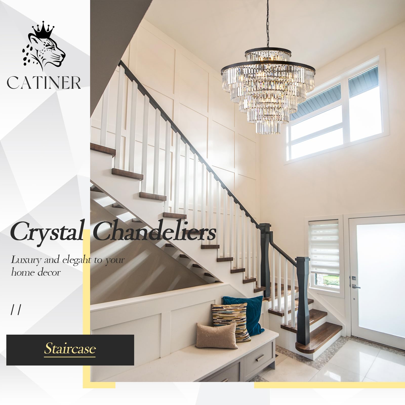 Large Crystal Chandeliers 23 Lights 36 Modern Black stylish Chandelier For Foyer Staircase Chandeliers 6 Tiers Round K9 Ceiling Pendant Lighting Fixture For Living Dining Room