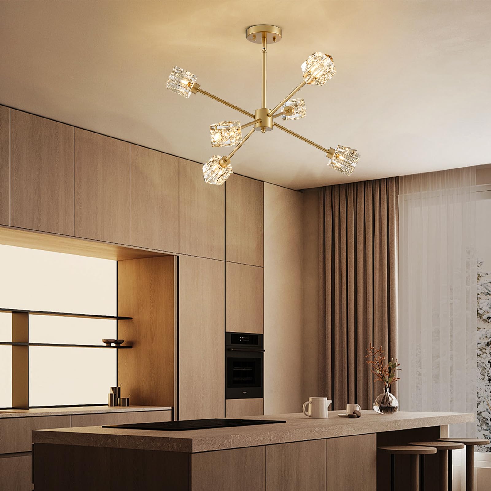 Xingqi Gold Ceiling Light 25.2'' Sputnik 6-Light Modern Glass Chandelier Unique Ceiling Lighting For Dining Room Bedroom Entrywa