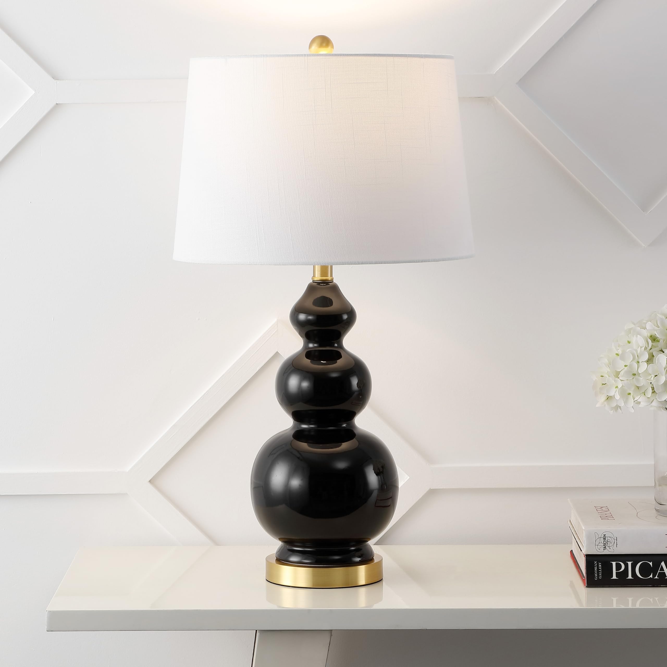 Jonathan Y Jyl4023C Bowen 27.5'' Contemporary Transitional Ceramic Gourd Led Table Lamp, Black/Brass Gold For Bedroom, Living Ro