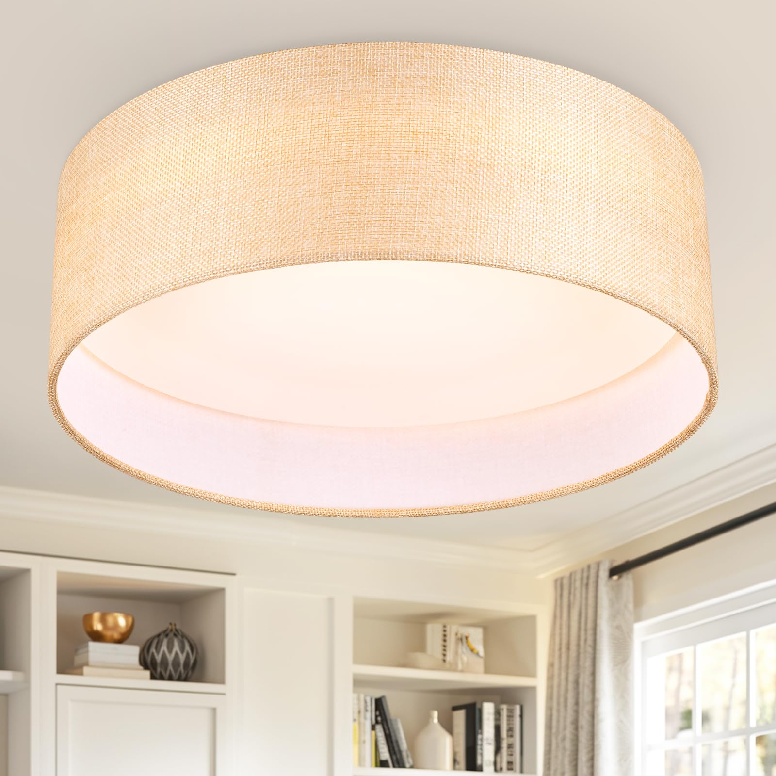 Hamilyeah 12&quot; Led Flush Mount Ceiling Light, Gold Fabric, 24W, Modern Fixture For Kitchen & Bath