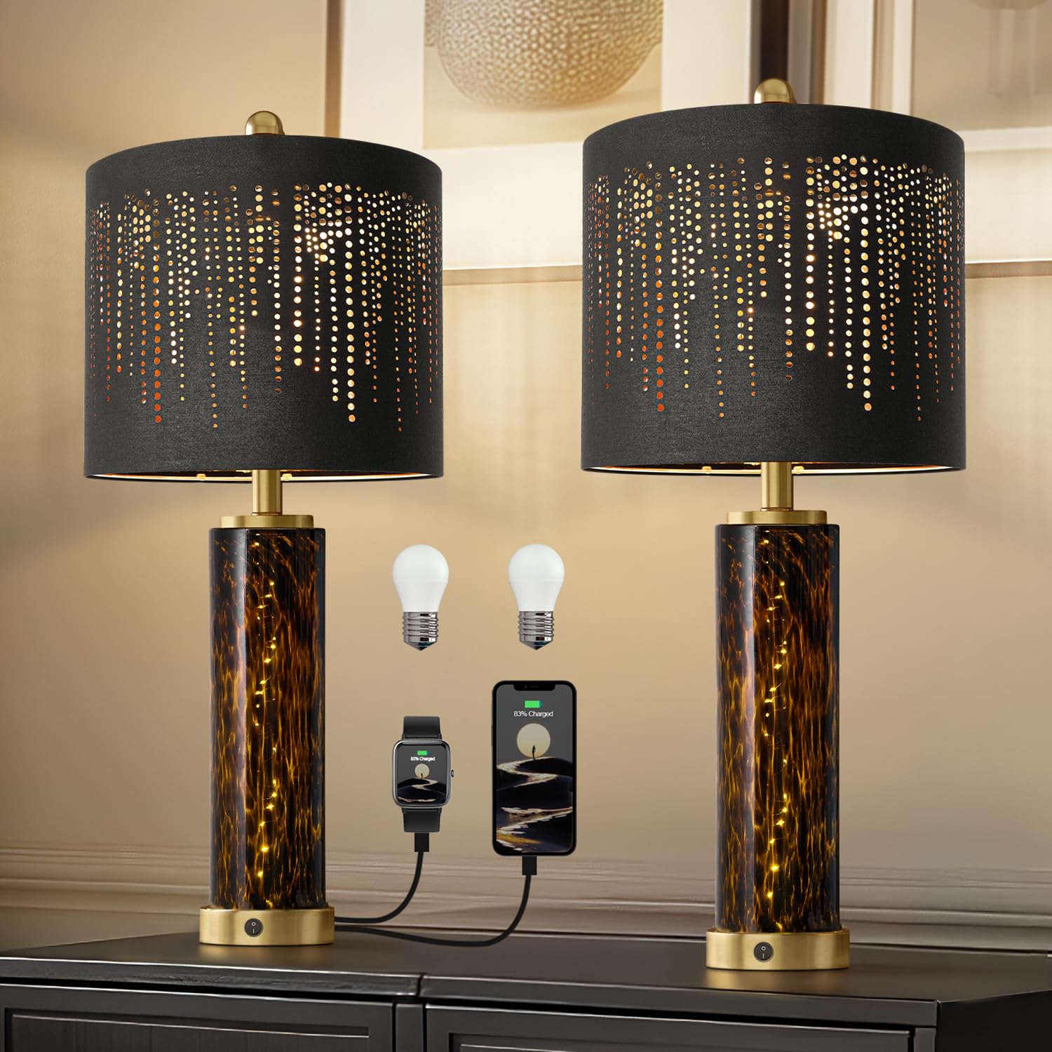 Oneach 27.75'' Modern Table Lamps Set of 2, Gold Bedside Lamp with Leopard Glass Nightlight, USB A+C, Black Crystal Shade, Uniqu