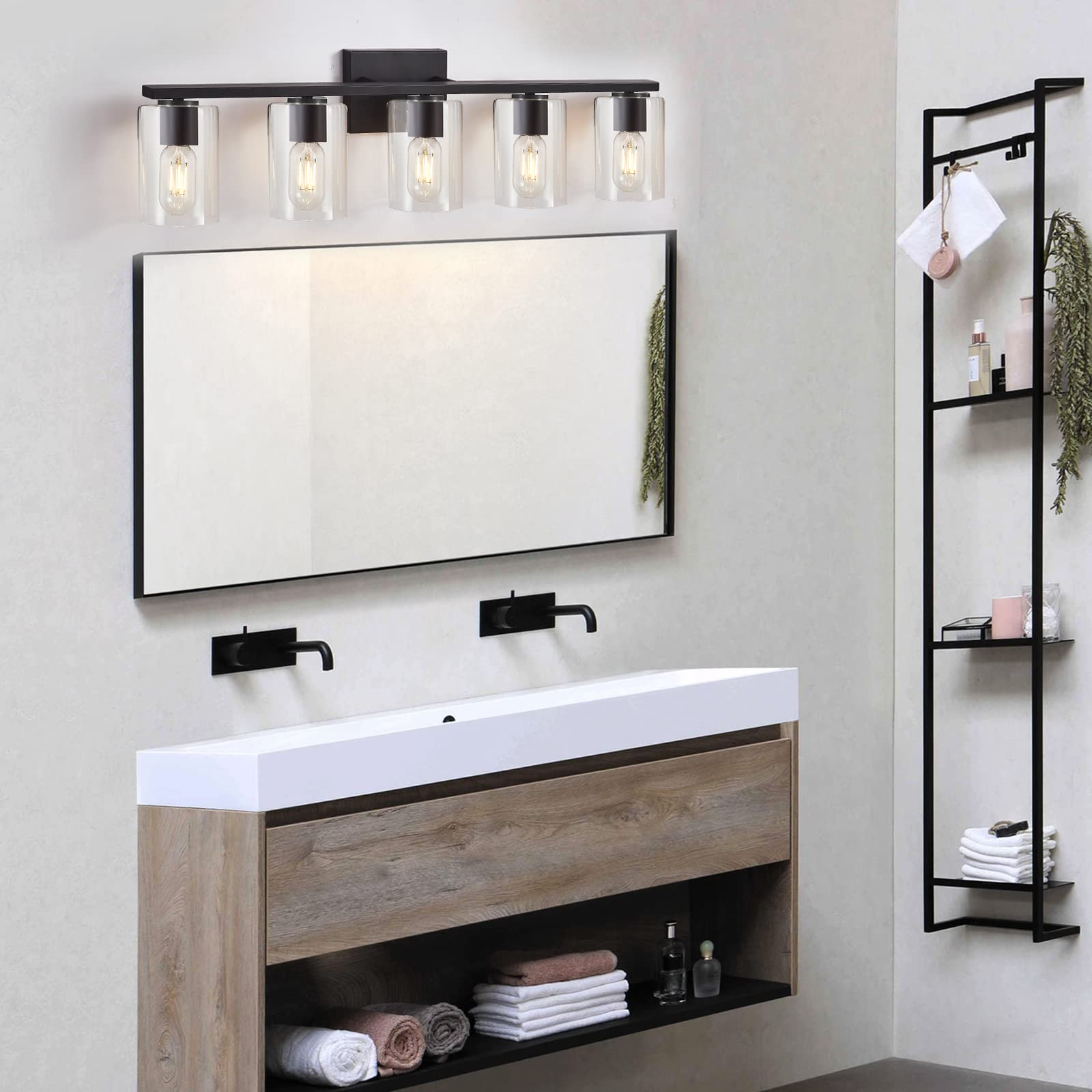 Drnanlit 5-Light Bathroom Light Over Mirror,Modern Vanity Lights With Clear Glass,Matte Black Metal Bathroom Lighting Fixture Fo