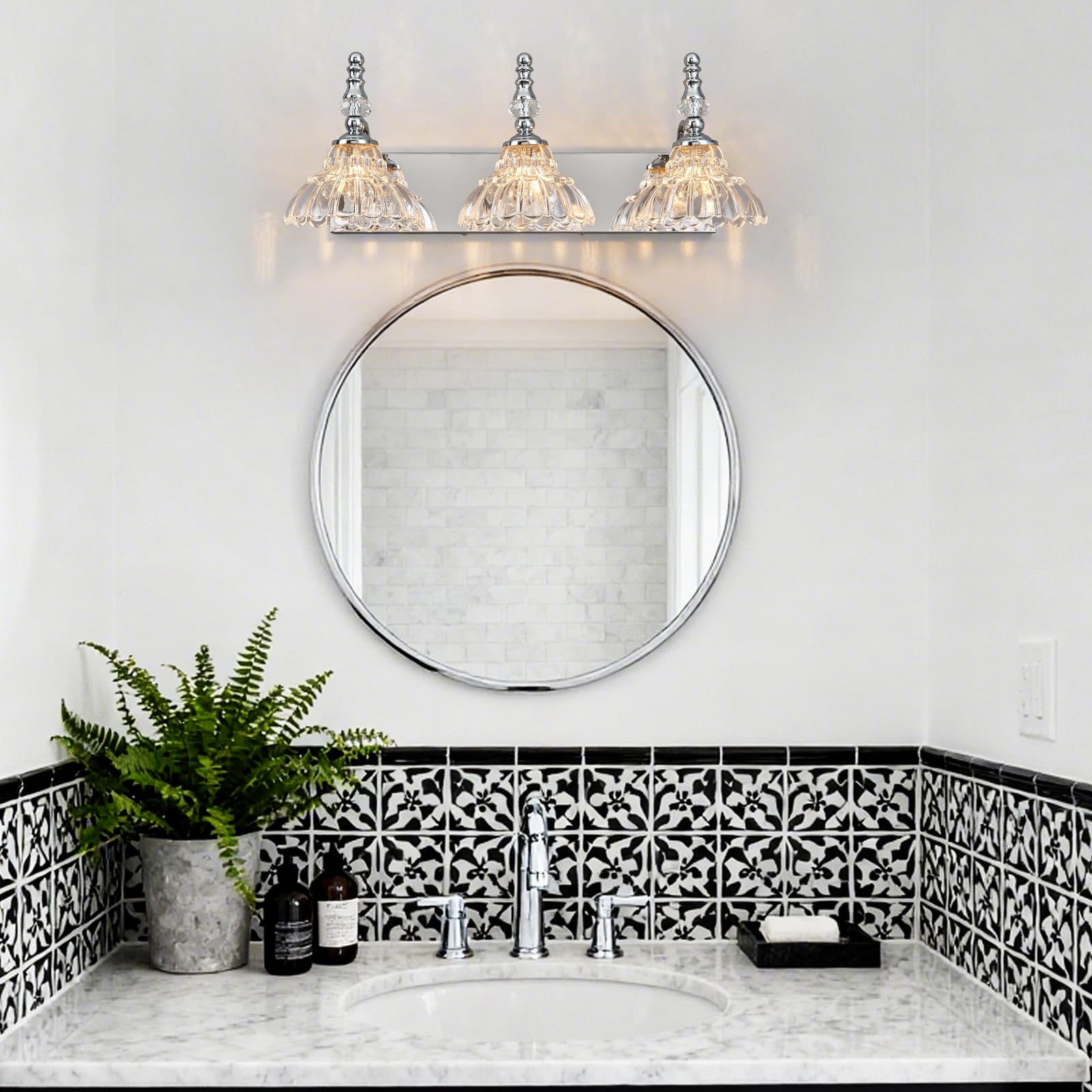 Lbsqj Vintage Bathroom Vanity Light  3-Light Chrome Vanity Lighting Fixture With Flower Glass Shade  Bathroom Lighting Fixtures Over Mirror