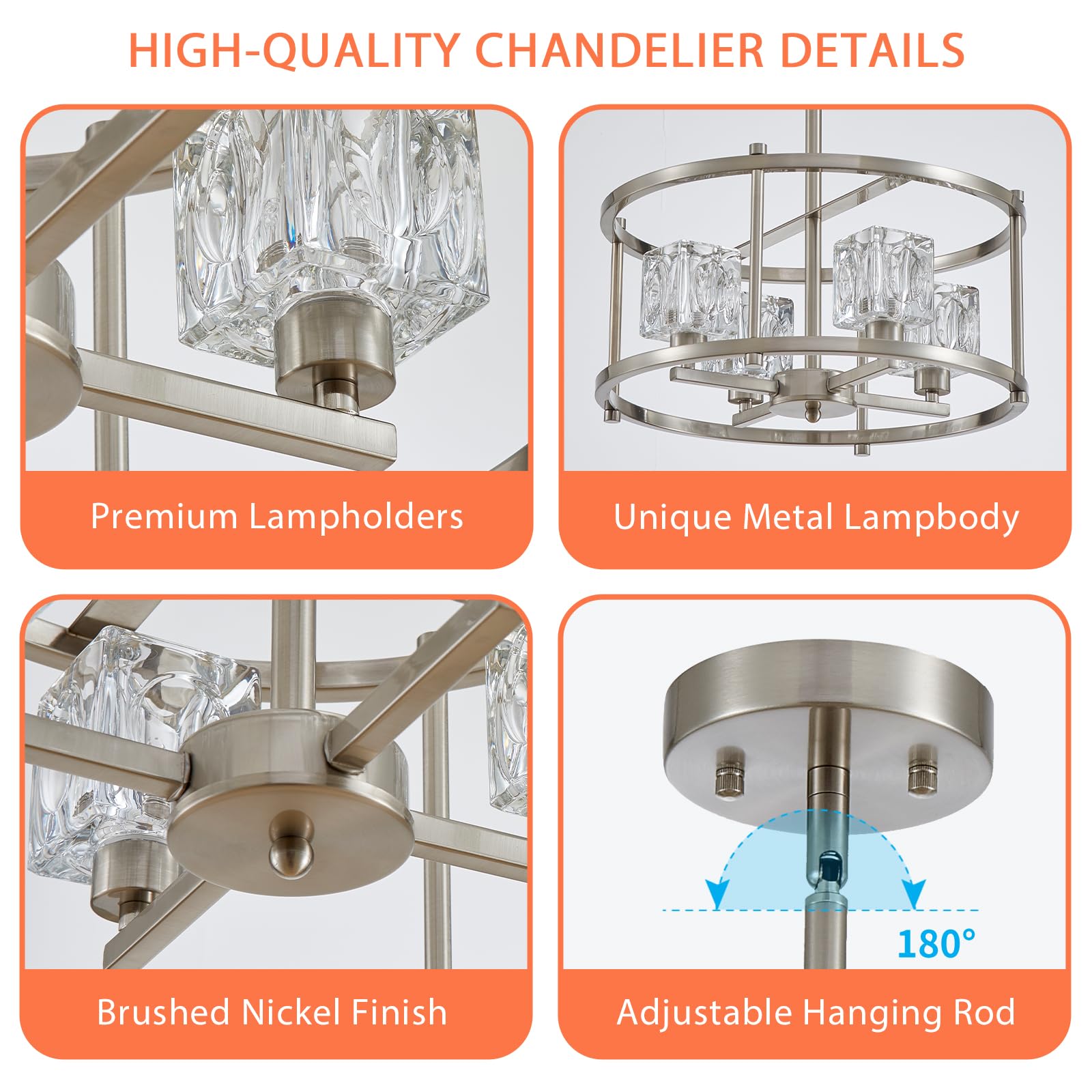 Majhoiw Brushed Nickel Ceiling Light Modern 4-Light Pendant Lighting Fixture 15.7'' Adjustable Height Chandeliers With Glass Lam