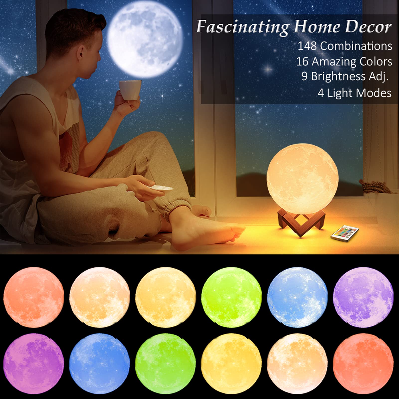 Mydethun 16 Colors Moon Lamp - Home Décor, Moon Light With Brightness Control, Led Night Light, Bedroom, Living Room, Mothers Day Gifts, Birthday Gift, Wooden Base, 7.1"