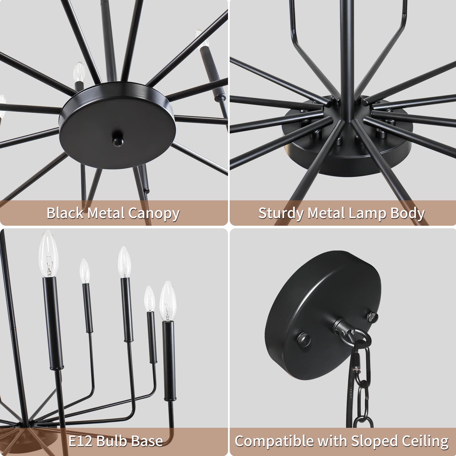 Rviezza 12-Light Black Metal Chandelier, Farmhouse Ceiling Pendant for Dining Room, Living Room, Foyer, Kitchen Island, Entryway