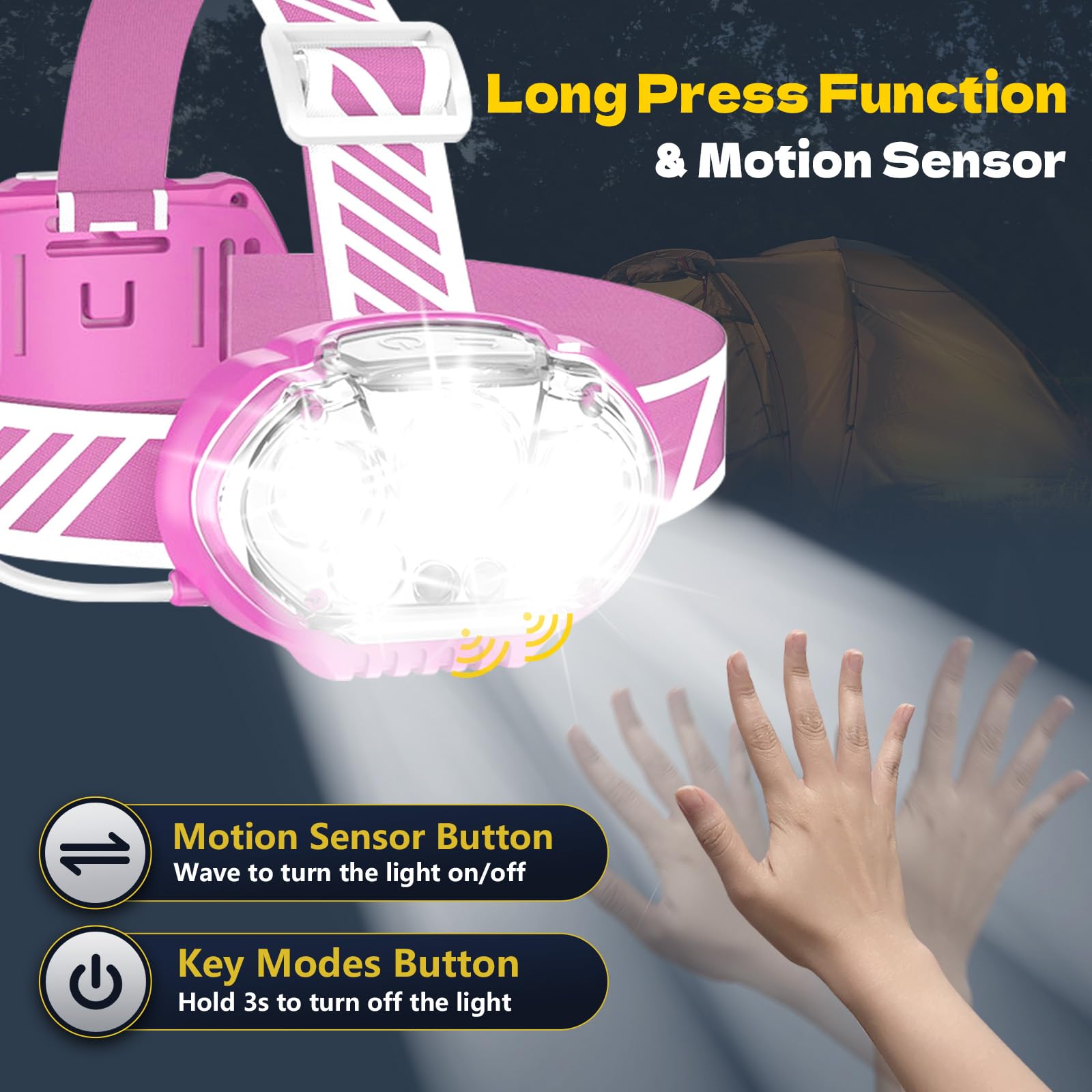 MIOISY Rechargeable Headlamp 20000 Lumens 5 LED IPX4 Waterproof 8 Modes 1-Pack Pink HL-HL-C01