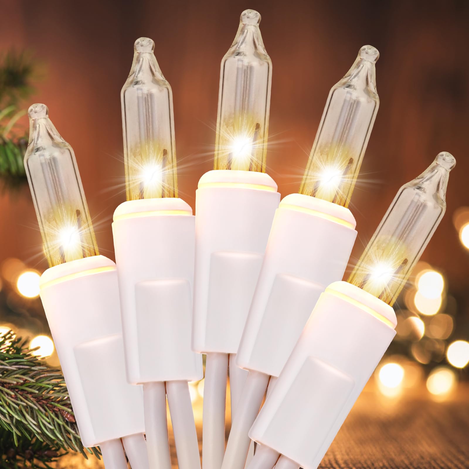 Meteds Christmas Lights 50 Count Connectable Warm White Mini Lights 13Ft UL Certified Plastic White Wire
