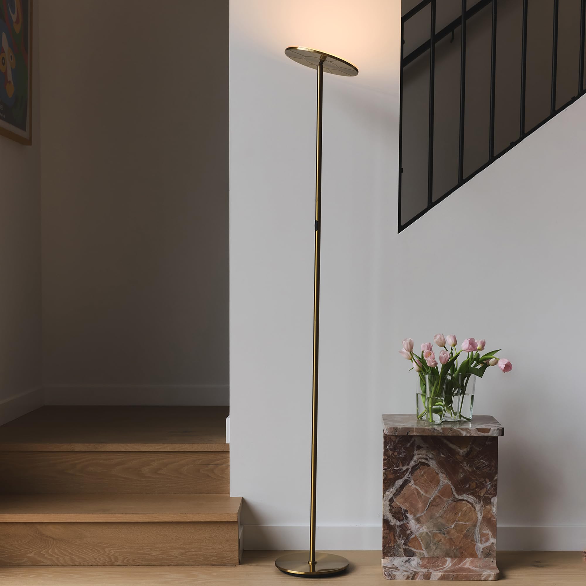 Brightech LED Floor Lamp - Dimmable Torchiere for Living Rooms & Offices - Antique Brass - Model SKY
