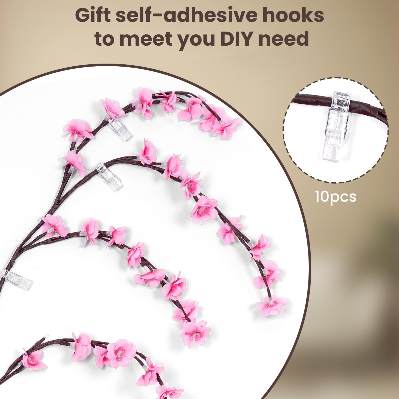 Cherry LED Tree Branch Lights for Wall, Cherry Blossom Willow Vine Twig Decor Garland with 72 LED Lights and Remote,8 Lighting M
