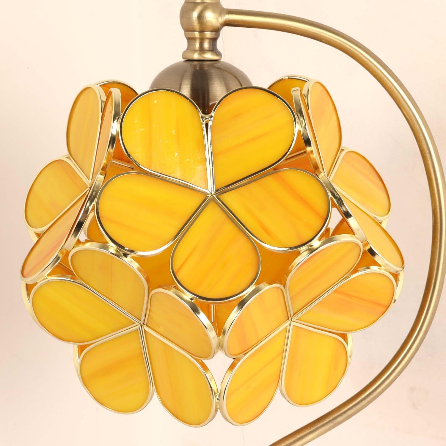 Bieye L10910 Tiffany Style Stained Glass Flower Petal Table Lamp With Brass Base For Home D  Cor (Yellow Orange, 8'' Cherry Blos