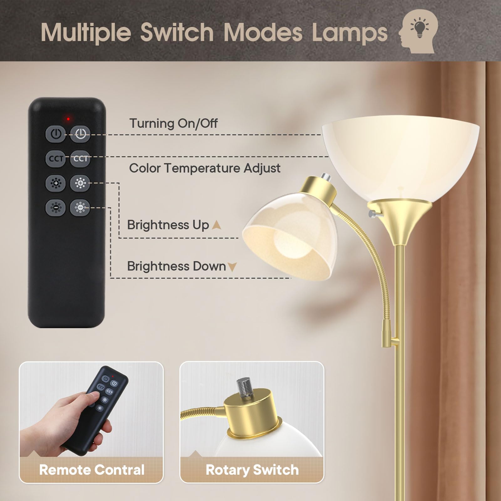 GERGO Led Floor Lamp, 11W+7W 2100LM Torchiere, Remote Control, 4 Color Temperatures 3000K-6000K, Golden, Model MF