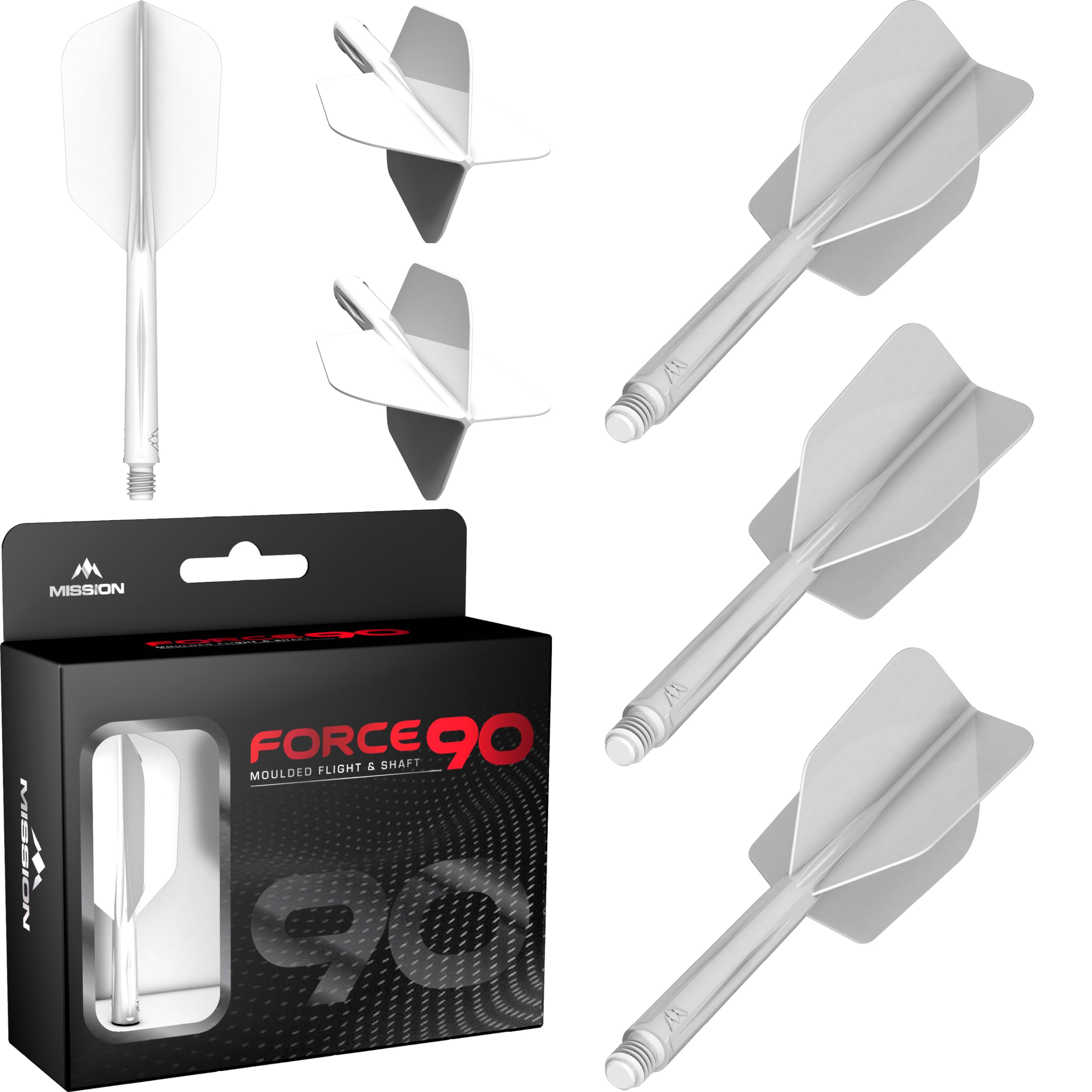 Mission Darts Force 90 Dart Flight and Shaft System, Pack of 3, Slim, Tweenie Size, White