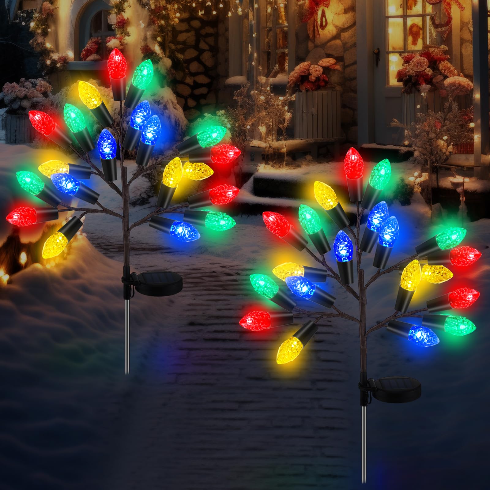 Glooglitter 2 Pcs Christmas Solar Pathway Lights Outdoor Decorations 28 Christmas Stake Lamp Yard Waterproof 8 Modes 20 LED Pine