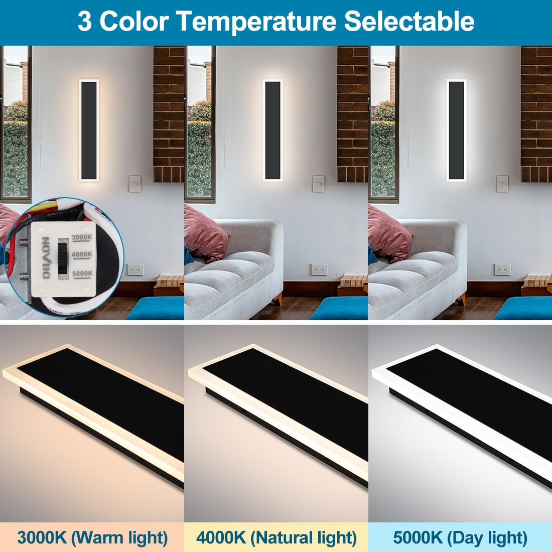 Xbuyee 2-Pack 24" Modern Outdoor Wall Light LED Black Sconce, Dimmable 24W, IP65 Waterproof, 3000K/4000K/5000K