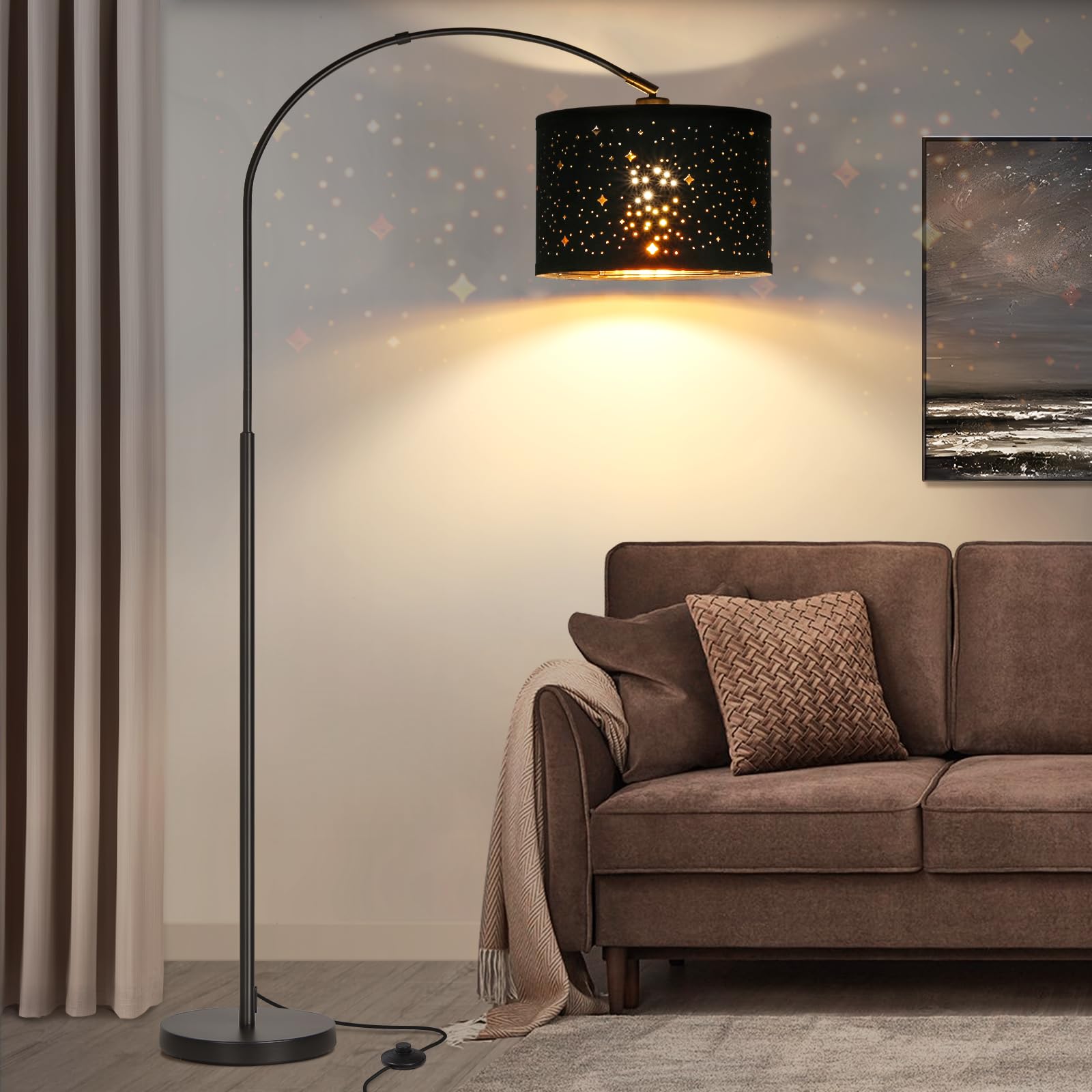 Modern Arc Floor Lamp, Tall Pole Lamp with Black Stars Lampshade, Arched Reading Light with Adjustable Lamp Head, Over Couch Han