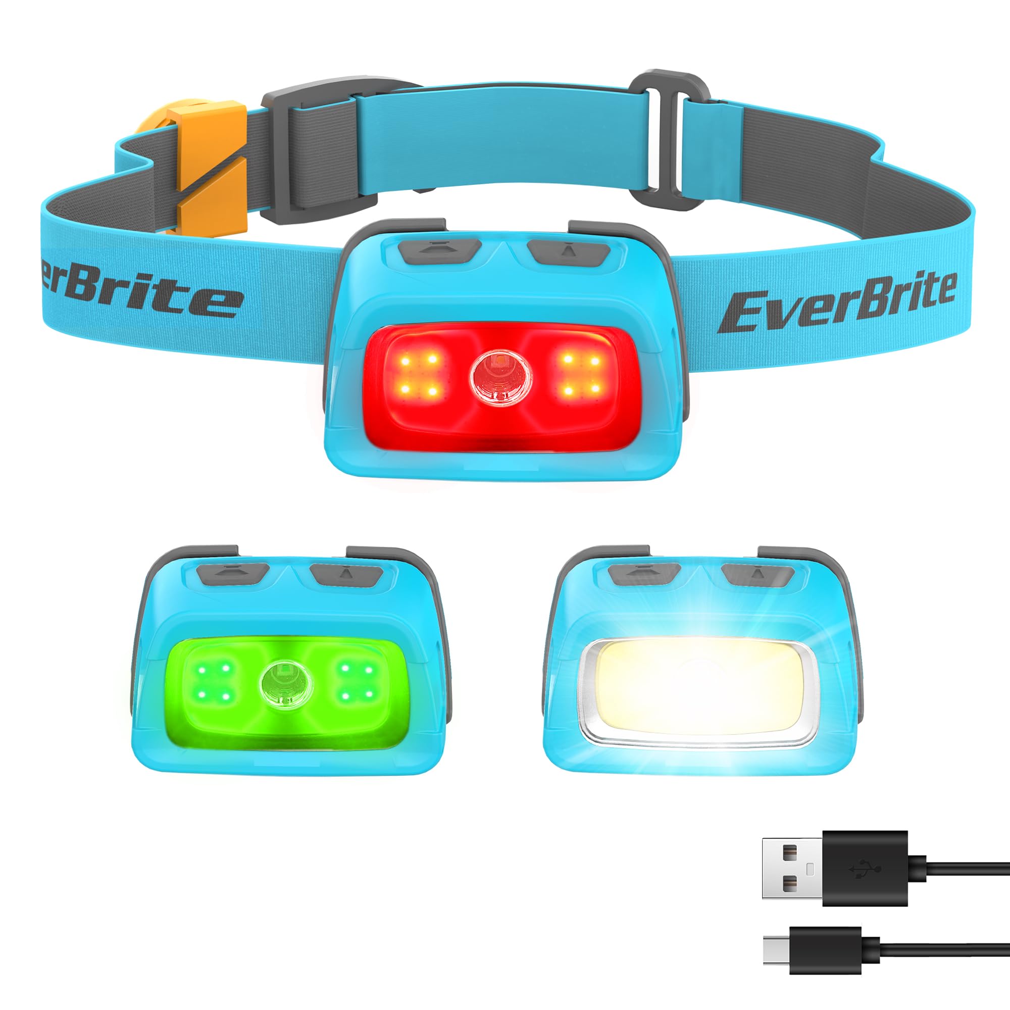 EverBrite Rechargeable Headlamp, 350 Lumens, 7 Modes, Red Light, Sky Blue, Model E021064AE