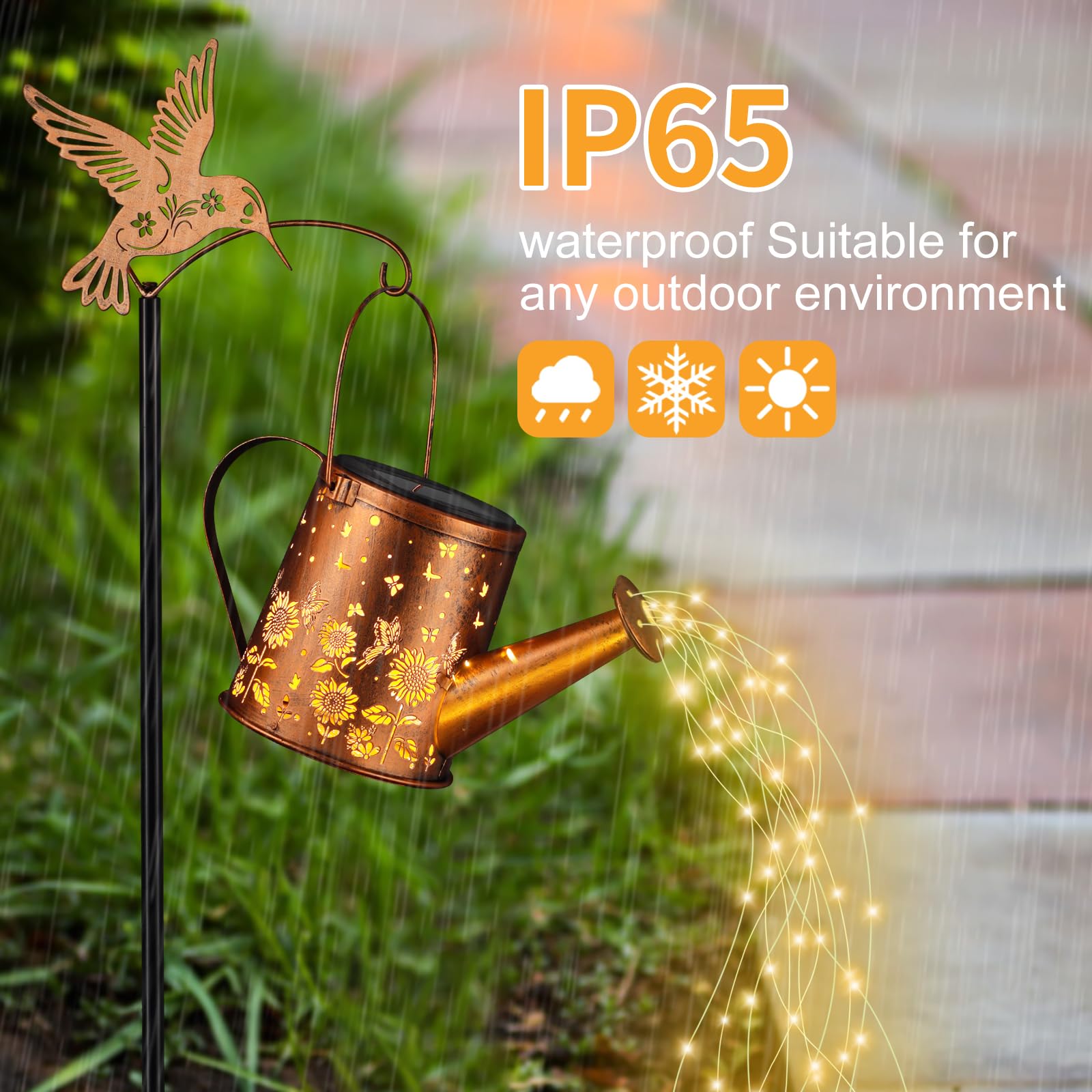 Outdoor Hanging Solar Lantern Waterproof Set Outside Metal Sunflower & Butterfly Watering Can Landscape Lights For Garden Yard Patio Pathway Decor Birthday Gifts For Women Mom Grandma -With Floor Pole