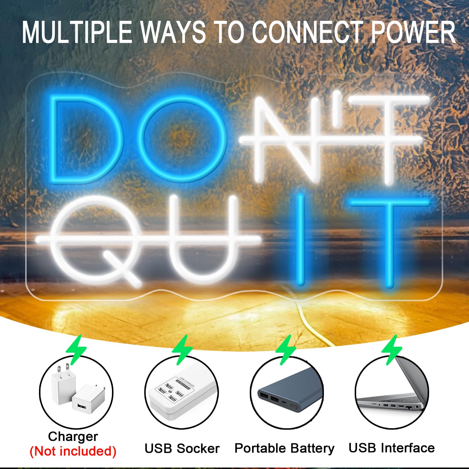KENFARI Neon Sign, Dont Quit, LED Light for Office, Yoga, Gym, Man Cave, Powered by USB, Blue & White, Model DOIT001