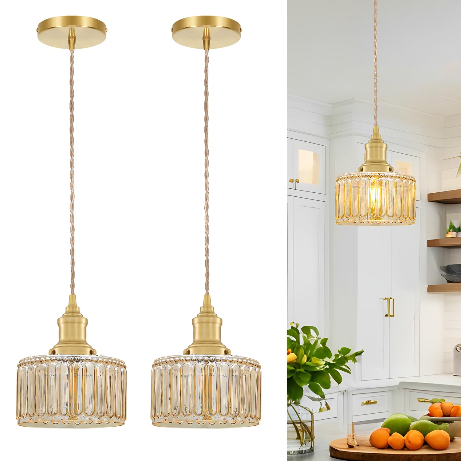 Rustic Pendant Light Set of 2  Brushed Gold Pendant Lights Kitchen Island with Amber Glass Shade  Brass Kitchen Pendant Lighting over Island  Adjustable Hanging Light for Hallway Bathroom Dining Room