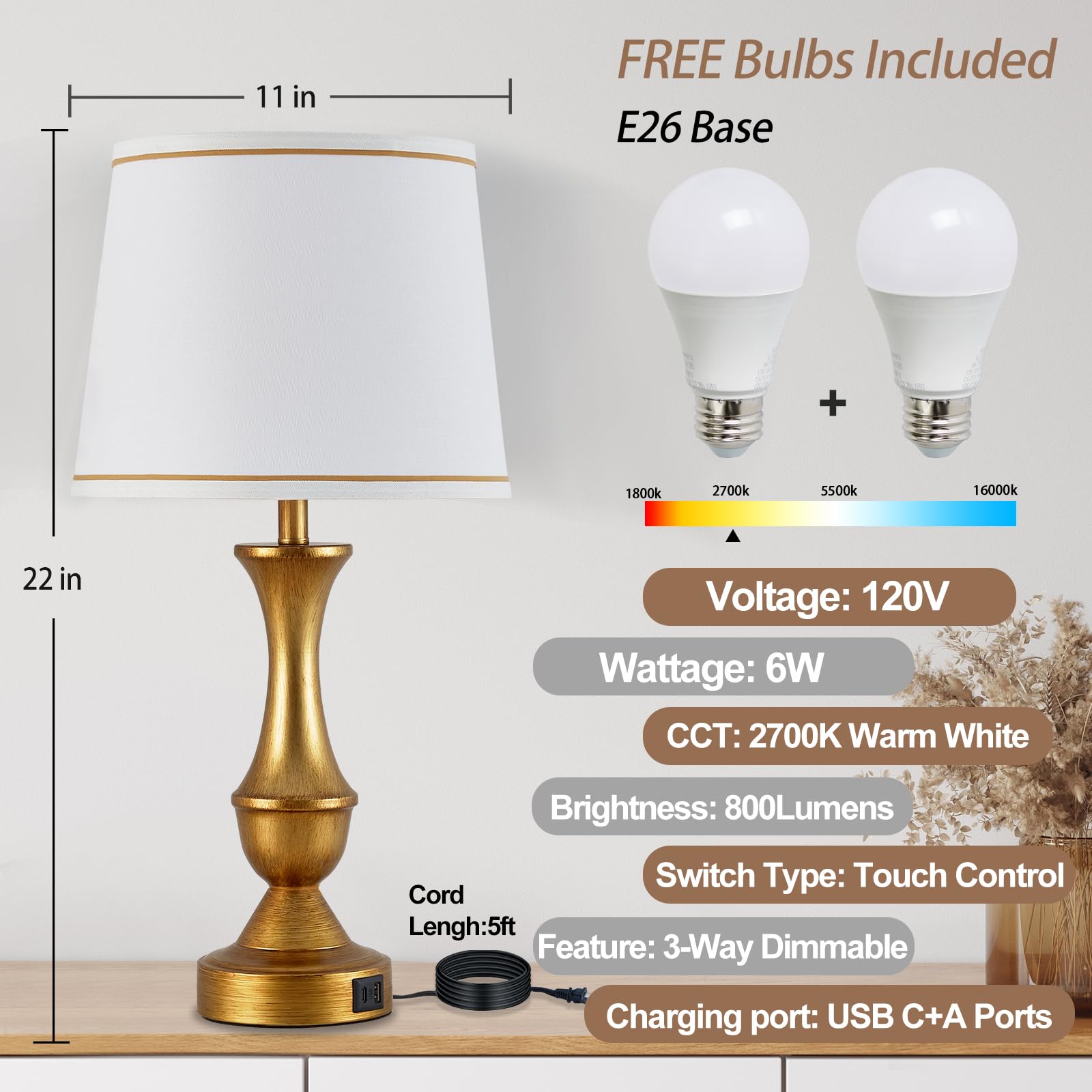 Luvkczc Gold Touch Table Lamps Set of 2, 22" Dimmable Nightstand Lamps with USB Ports, White Lampshade, Model L-73008H