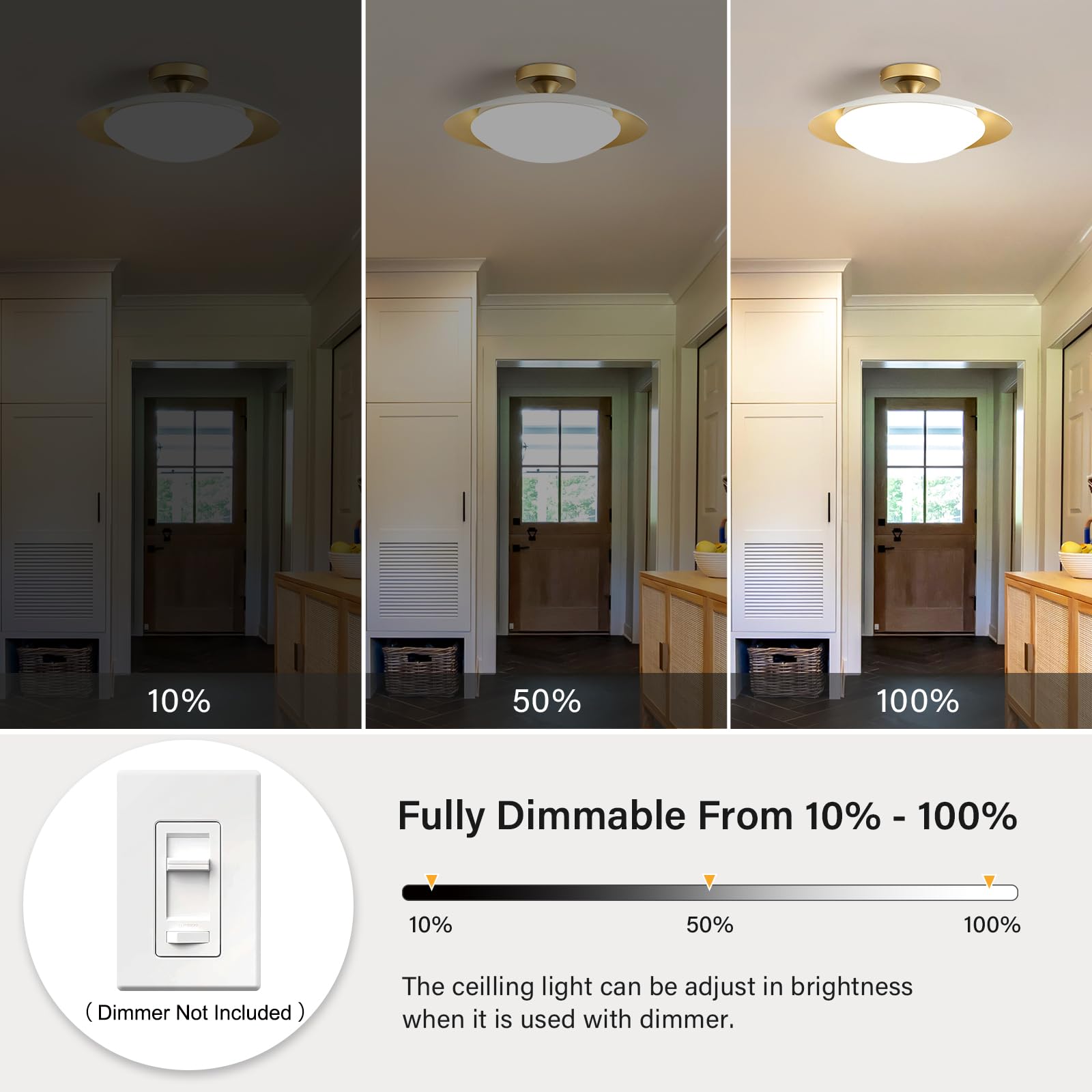 Dimmable Modern Mid-Century Ceiling Light, White And Gold Led Semi Flush Mount Ceiling Light, 5Cct 2700K-6000K Lighting Fixture Ceiling Lamp With Acrylic Shade For Bedroom Kitchen Living Room, 15.8In