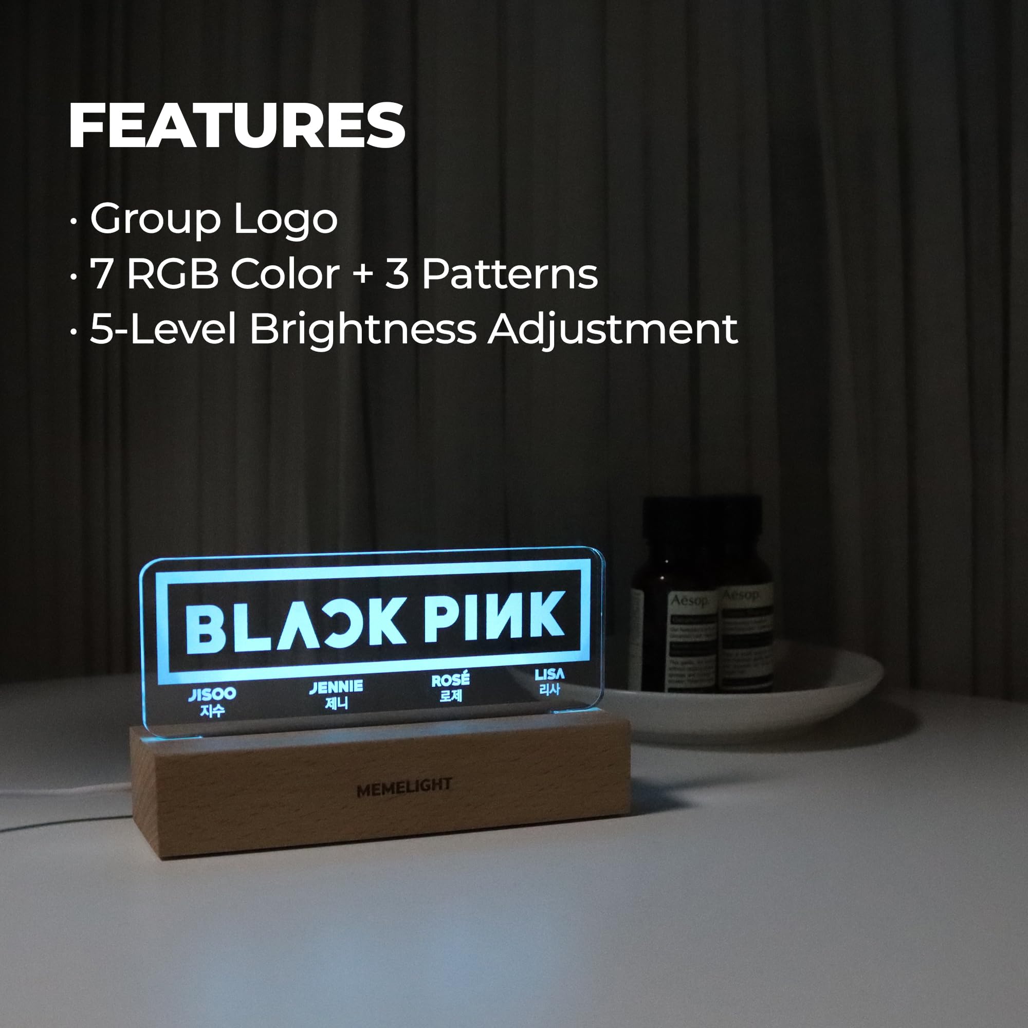 MEMELIGHT Black & Pink Night Light, Kpop Lamp, 7 RGB Colors, Dimmer, Wood, Model ML-VA-02, 8.3 x 4.2 x