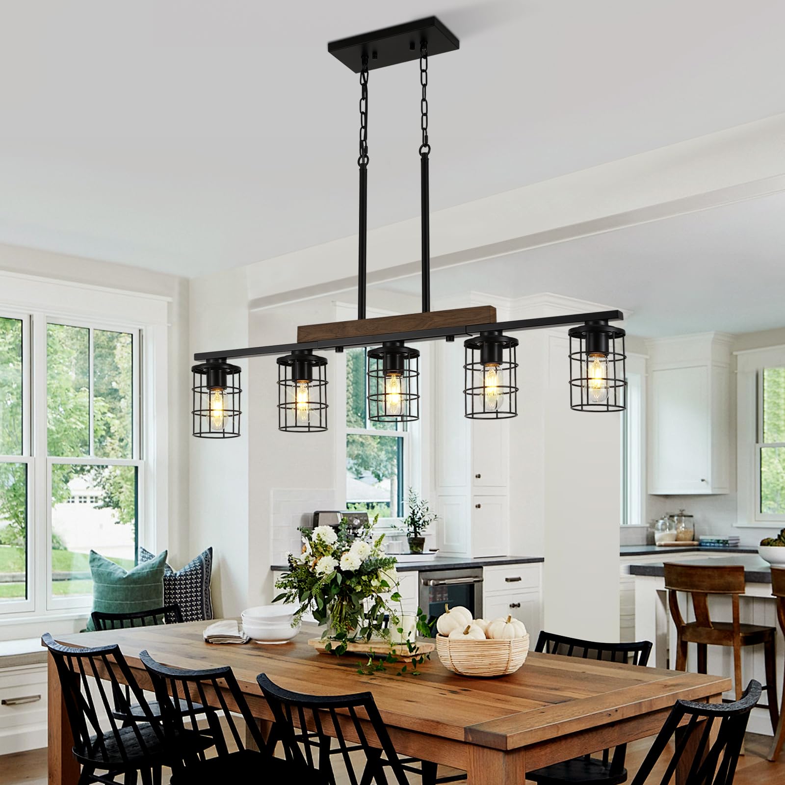Dining Room Light Fixture/Chandelier Over Table, 36.2-Inch Hanging For Farmhouse Linear Chandeliers,5-Light Kitchen Island Light