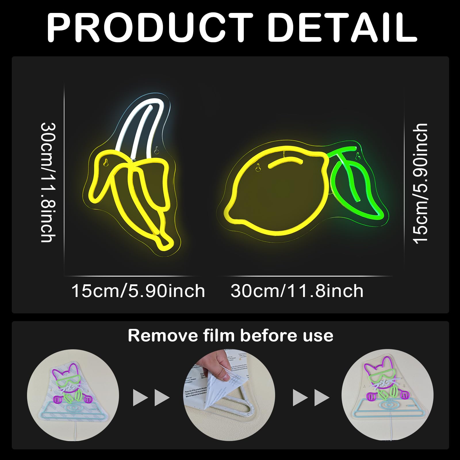 Wanxing Neon Sign Set of 2 - Banana & Lemon Lights, USB Powered Acrylic Art, 11.8in x 5.9in, Colorful for Kids Room Wall Decor