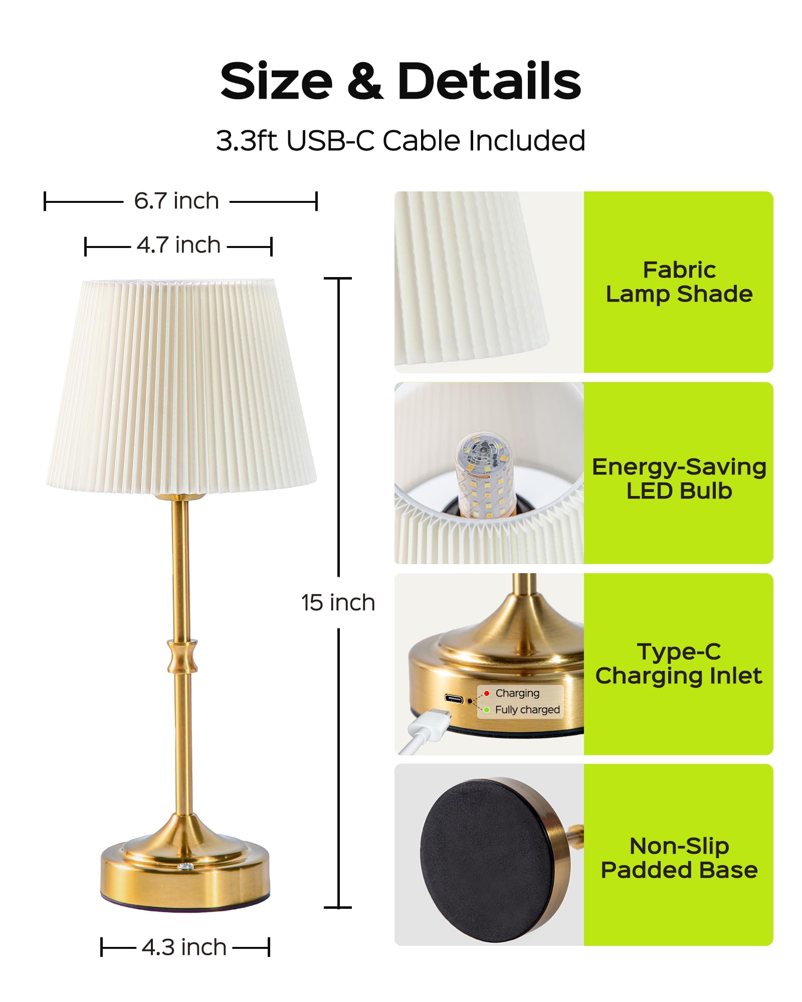 Jackyled Cordless Led Table Lamp, 3 Color Lights With Dimmer, 5400Mah Battery Operated Rechargeable, Wireless Lamp Portable For