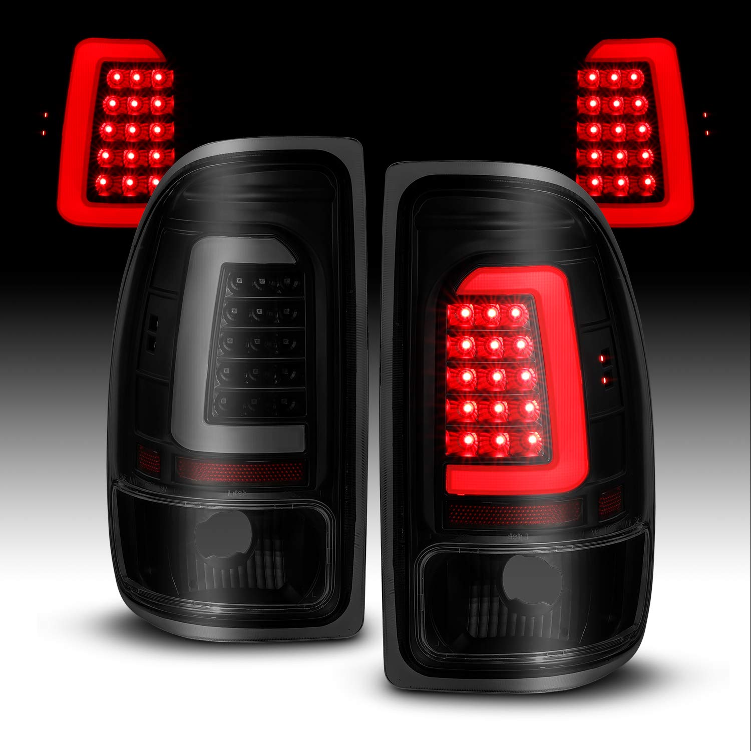 AmeriLite C-Type LED Tube Dark Smoked Tail Lights Brake Lamps Set for 1997-2004 Dodge Dakota - Passenger and Driver Side-New