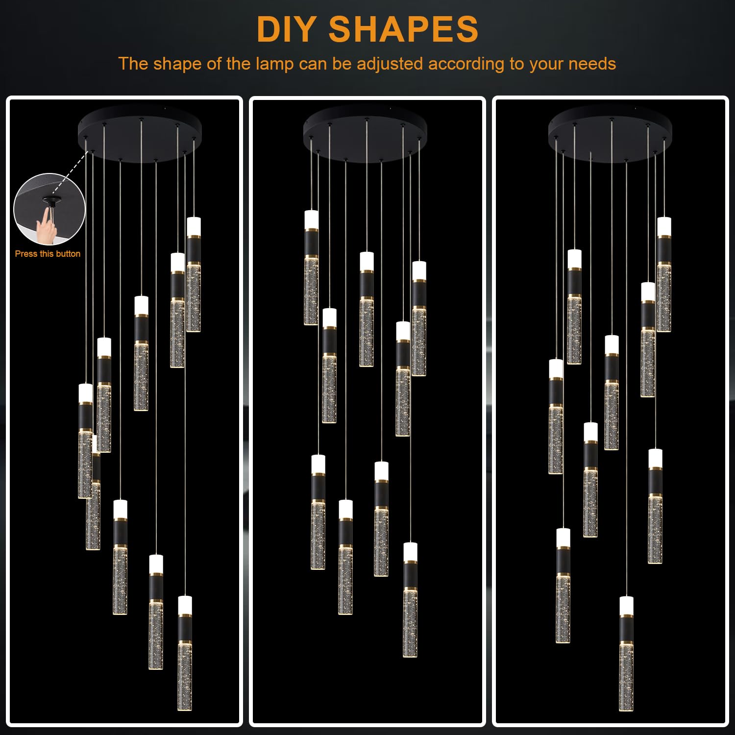 Embring Modern Chandelier,Dimmable Black Gold Led Chandelier For High Ceilings Chandelier Modern Foyer Chandeliers Entryway High Ceiling Hanging Long Chandelier For Staircase With Remote