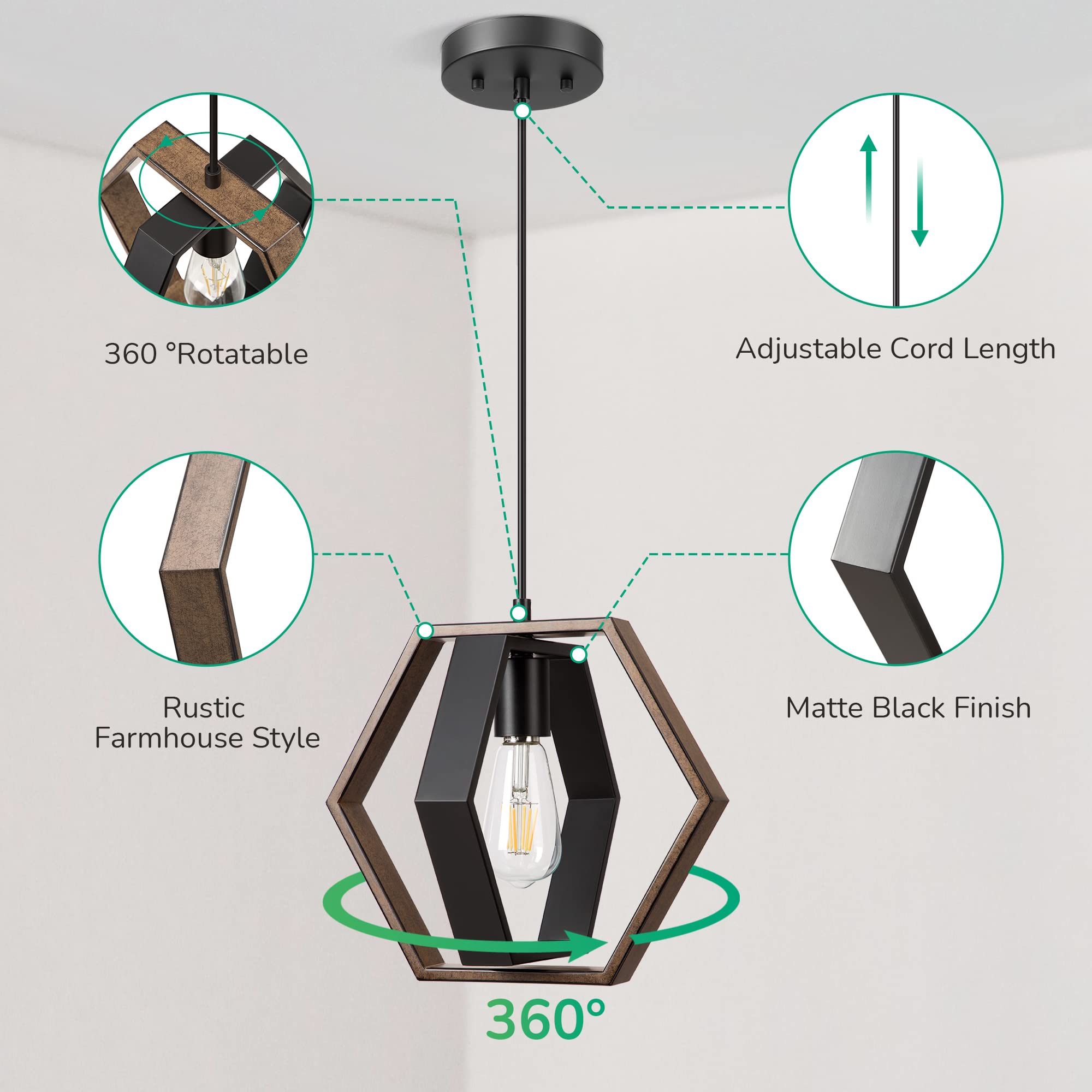 EDISHINE Pendant Lights for Kitchen Island, Farmhouse Hanging Light Fixture with Wood Grain and Black Finish, Adjustable Height