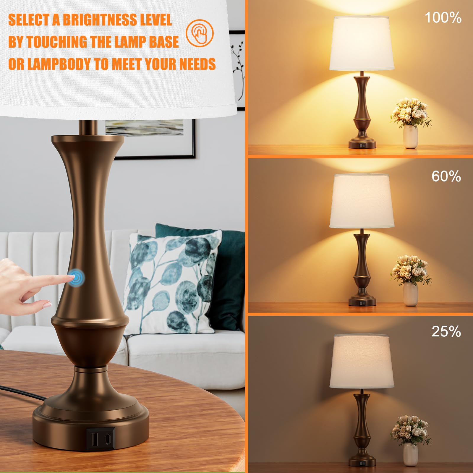 Seealle Touch Lamps Set of 2 - 3 Way Dimmable, USB C+A, Metal, White Shade & Brown Base, Model 04079