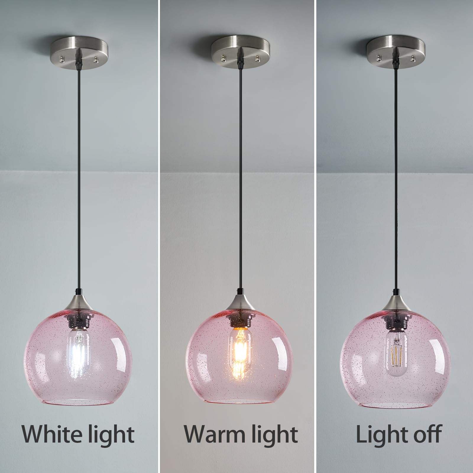 Lbsqj Pink Glass Pendant Lights Kitchen Island Lighting Globe Pendant Light Fixtures Modern Pendant Lighting For Bedroom Living Dining Room Light Fixture (7.87 In  3 Pack)