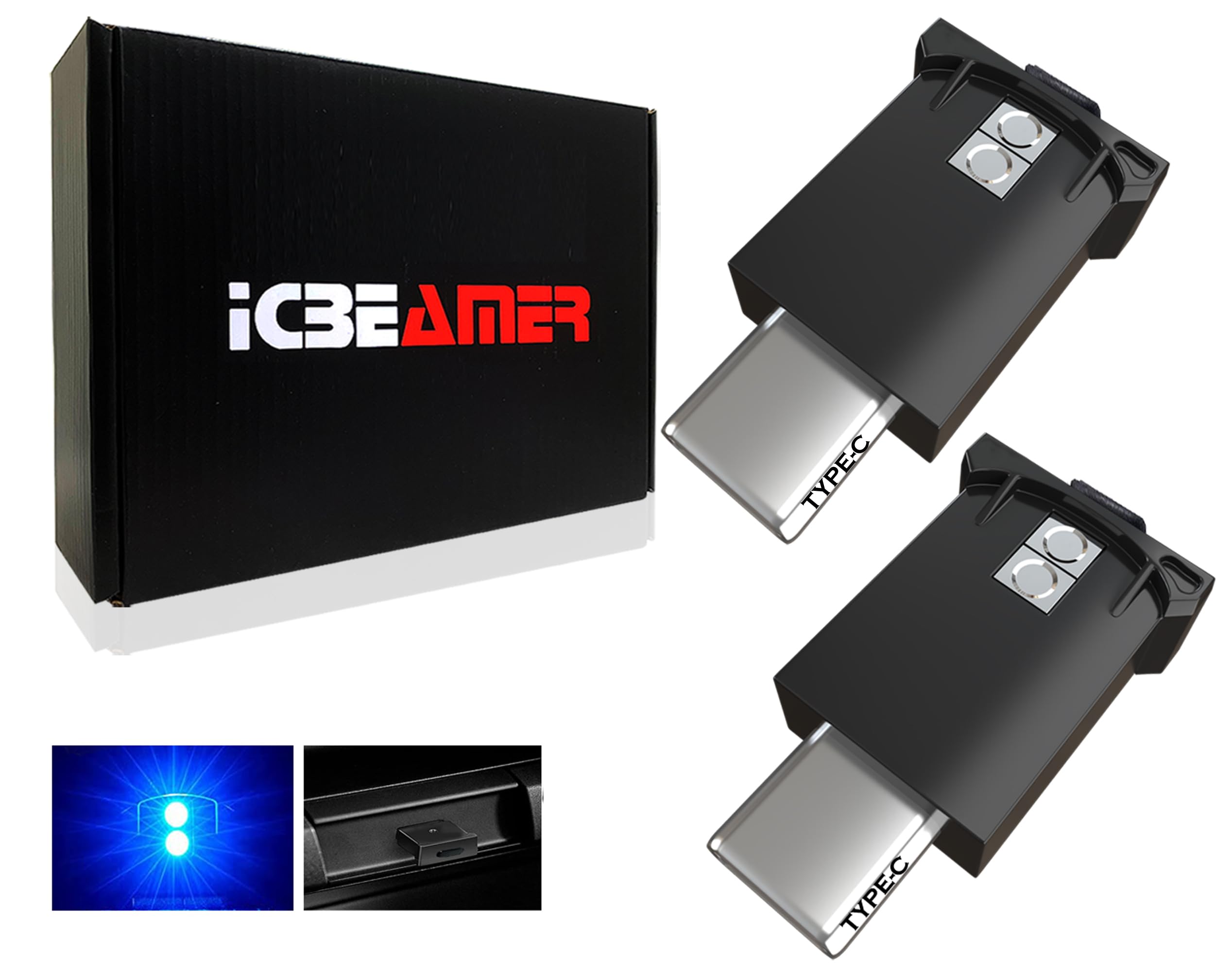 Icbeamer Type C Adapters Usb Ambient Light - 2 Pcs (Blue) | Smart Interface, Miniature Led Night Lights For Car Interior, Trunk,